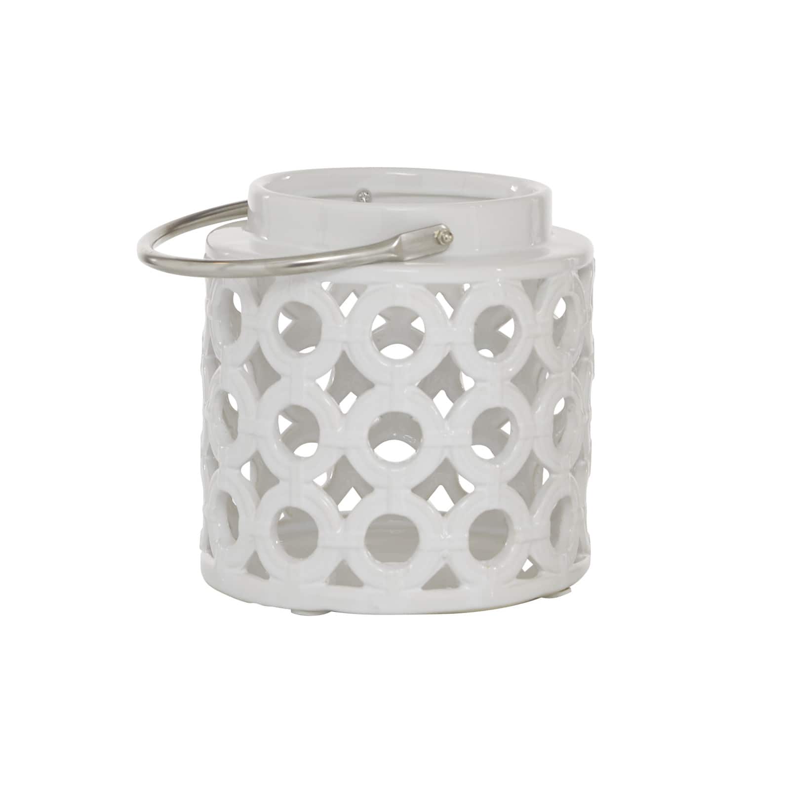 White Ceramic Contemporary Candle Holder Lantern, 8&#x22; x 8&#x22; x 9&#x22;
