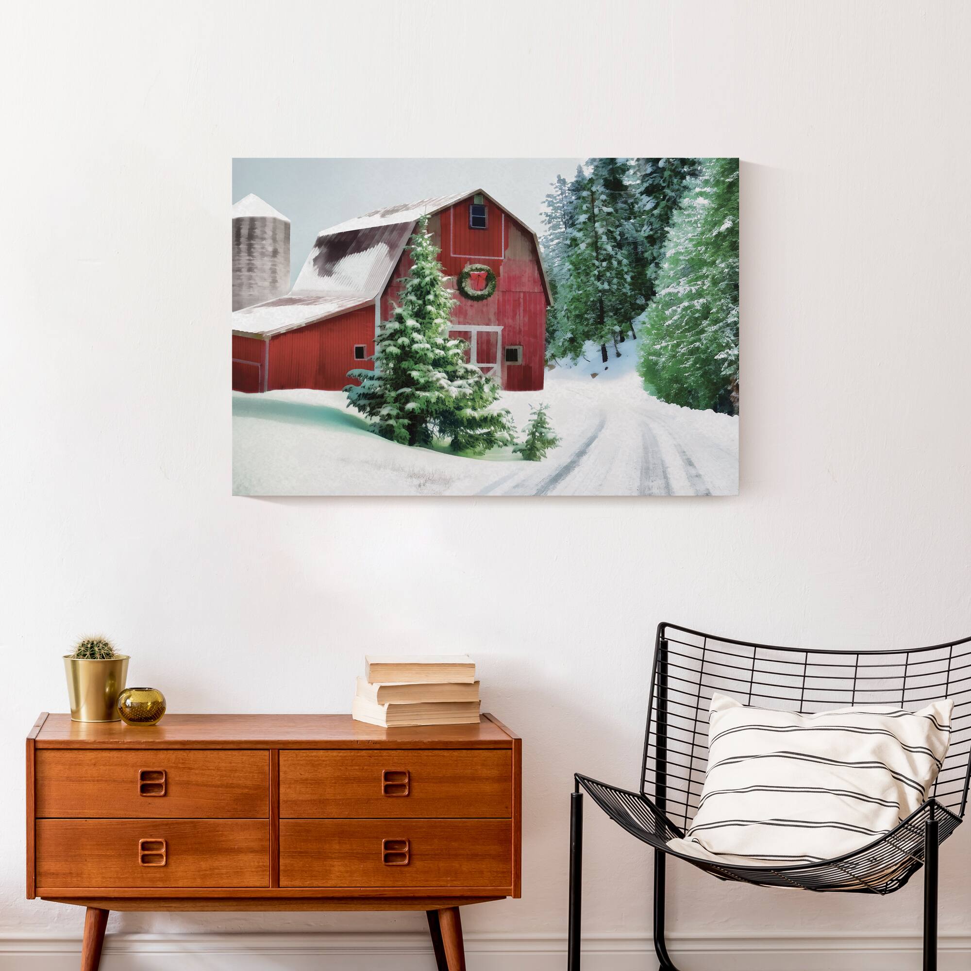 Painted, Snowy Red Barn 30x20 Canvas Wall Art | Christmas Wall Decor ...