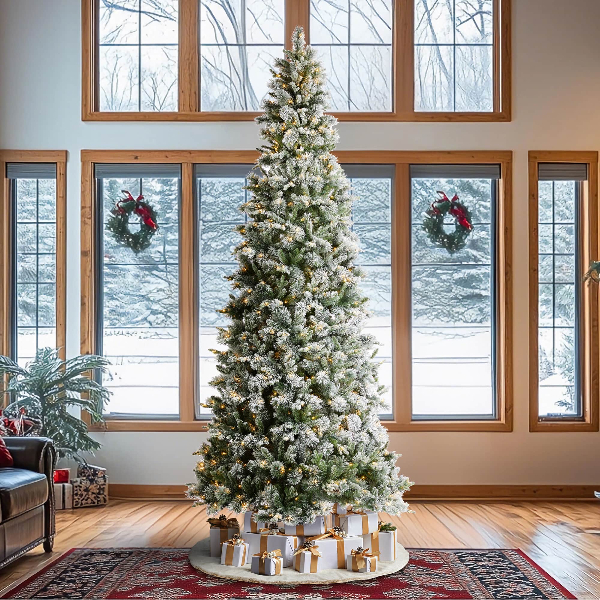 Glitzhome® 11ft Pre-Lit Flocked Slim Pine Artificial Christmas Tree, Warm White LED Lights