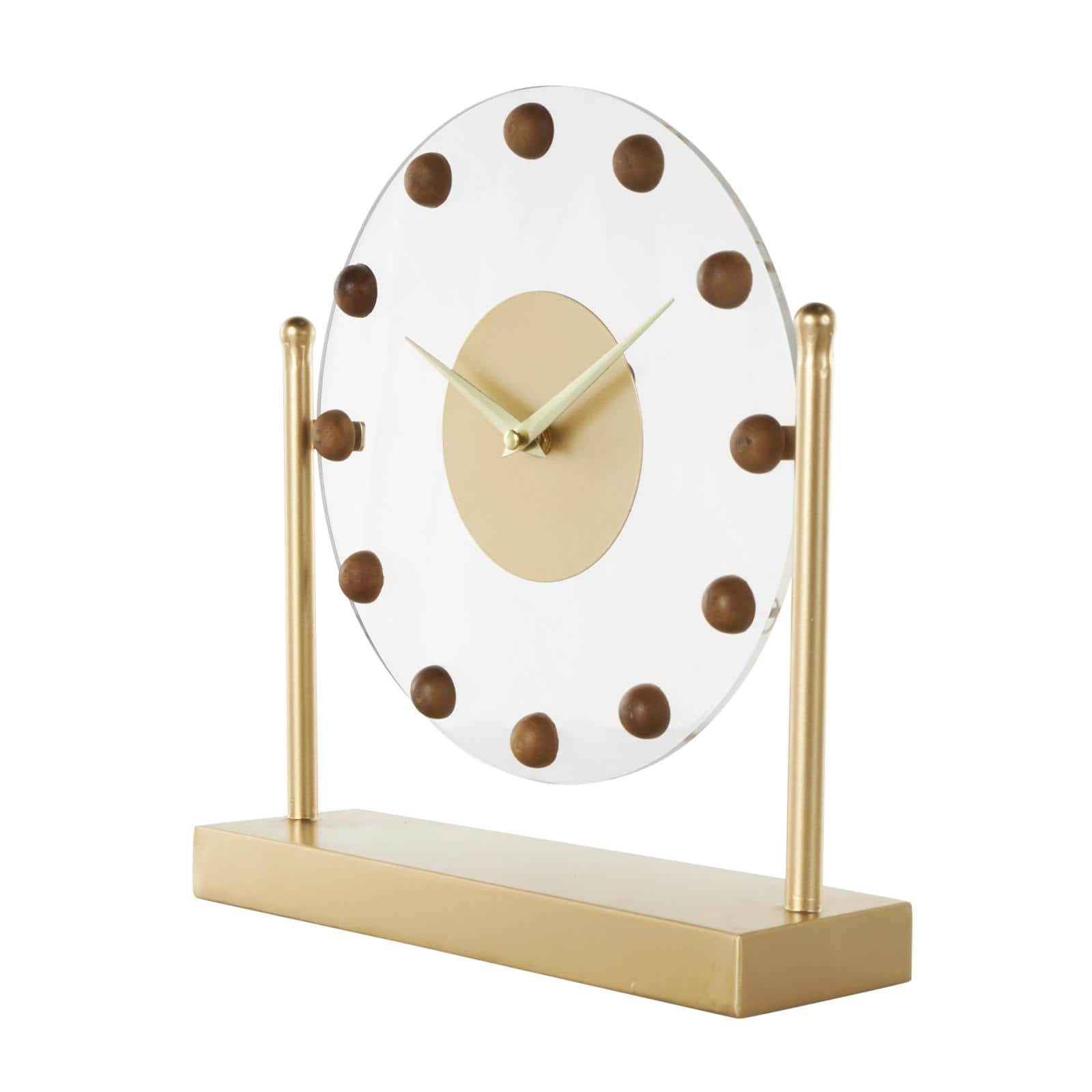 11.5" Gold Metal & Acrylic Face Decorative Clock with Wood Ball Accents