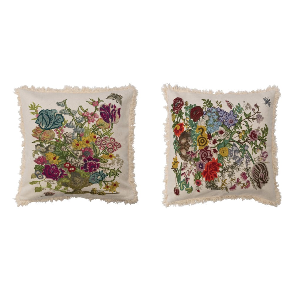 Embroidered Floral &#x26; Fringe Cotton Pillow Set