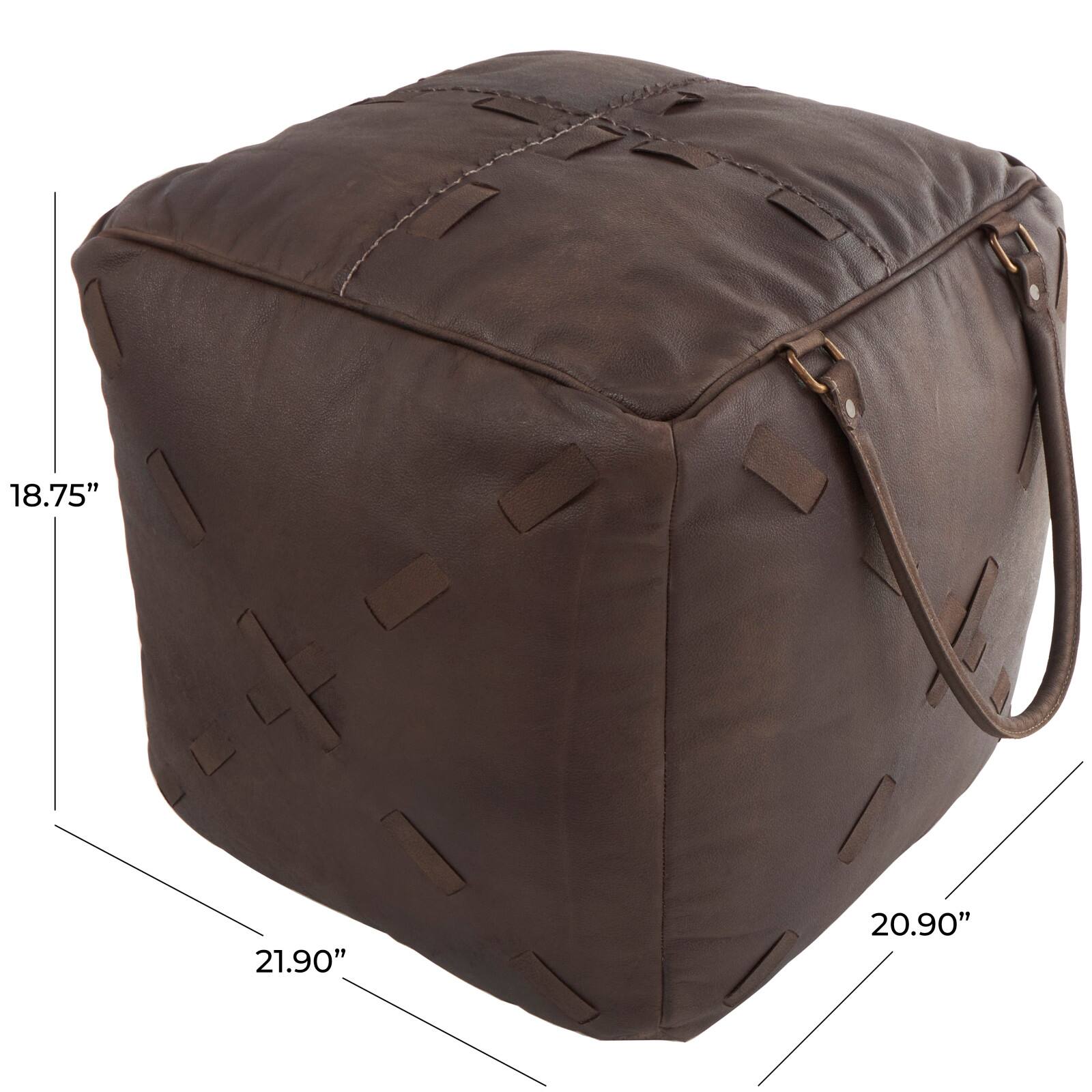 22&#x22; Leather Pouf with Woven Straps &#x26; Handles