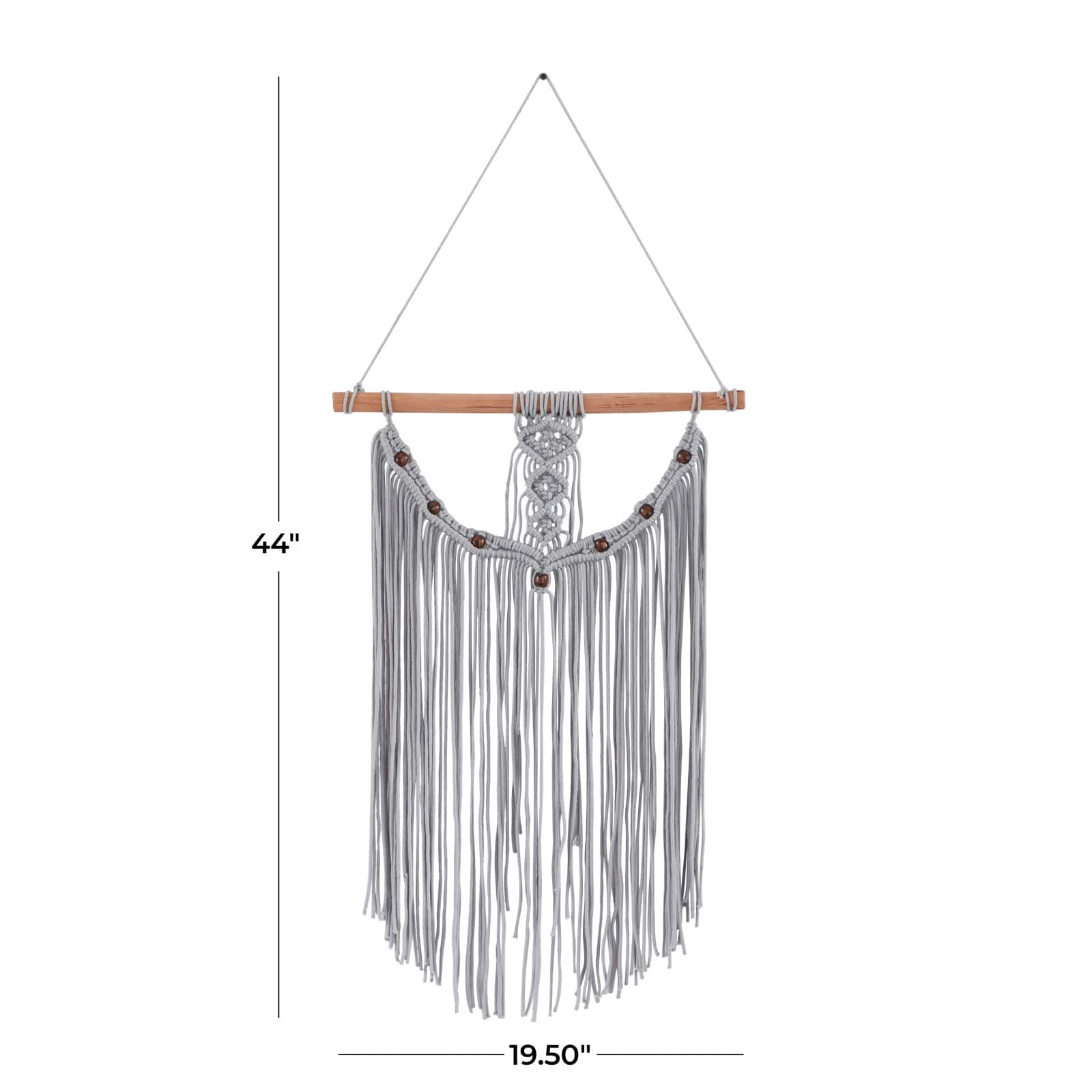 Gray Cotton Intricately Weaved Macrame Wall Decor with Beaded Fringe Tassels 20&#x22; x 1&#x22; x 44&#x22;