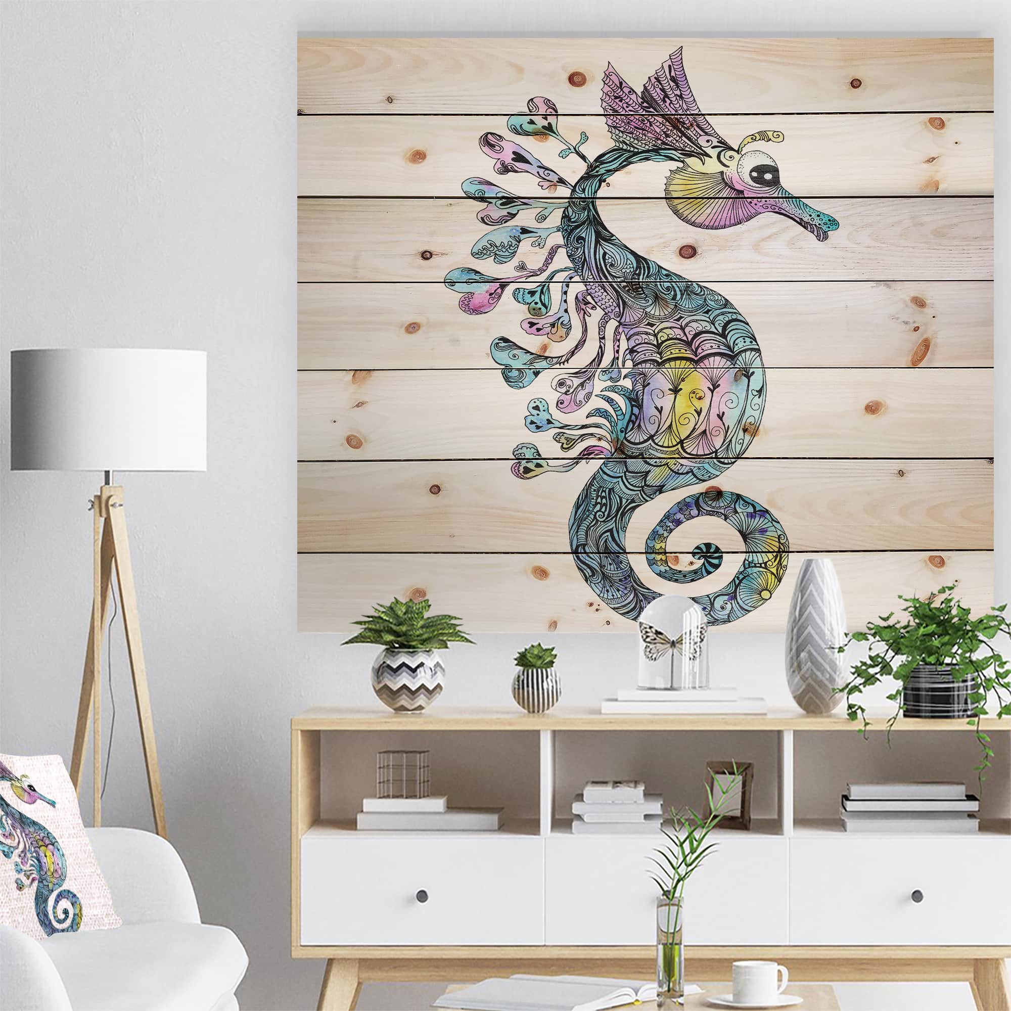Designart - Colorful Seahorse Watercolor - Animal Art Print on Natural Pine Wood