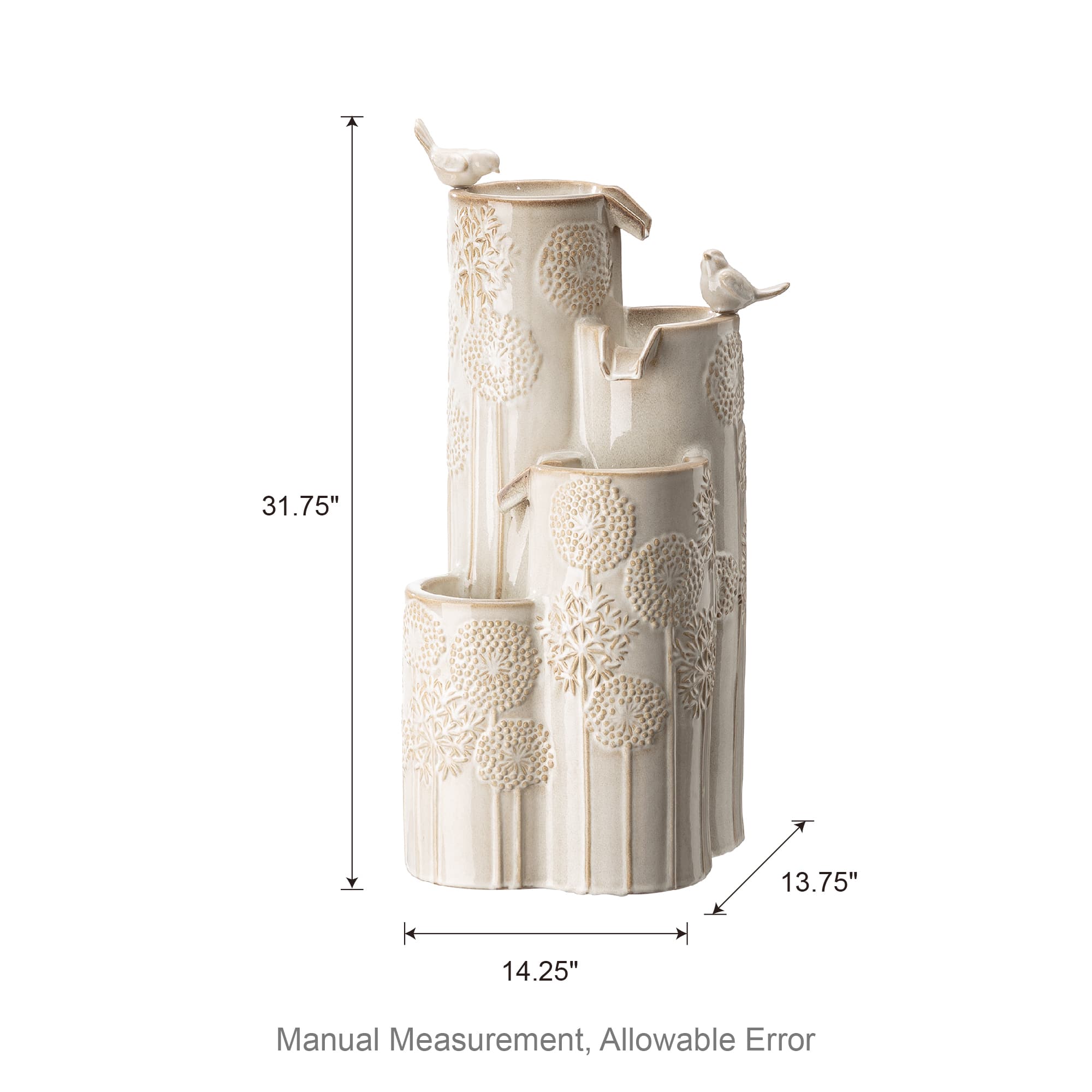 Glitzhome&#xAE; 31.75&#x22; Beige 4-Tier Dandelion Texture Vase-Shaped Ceramic Outdoor Fountain with LED Light