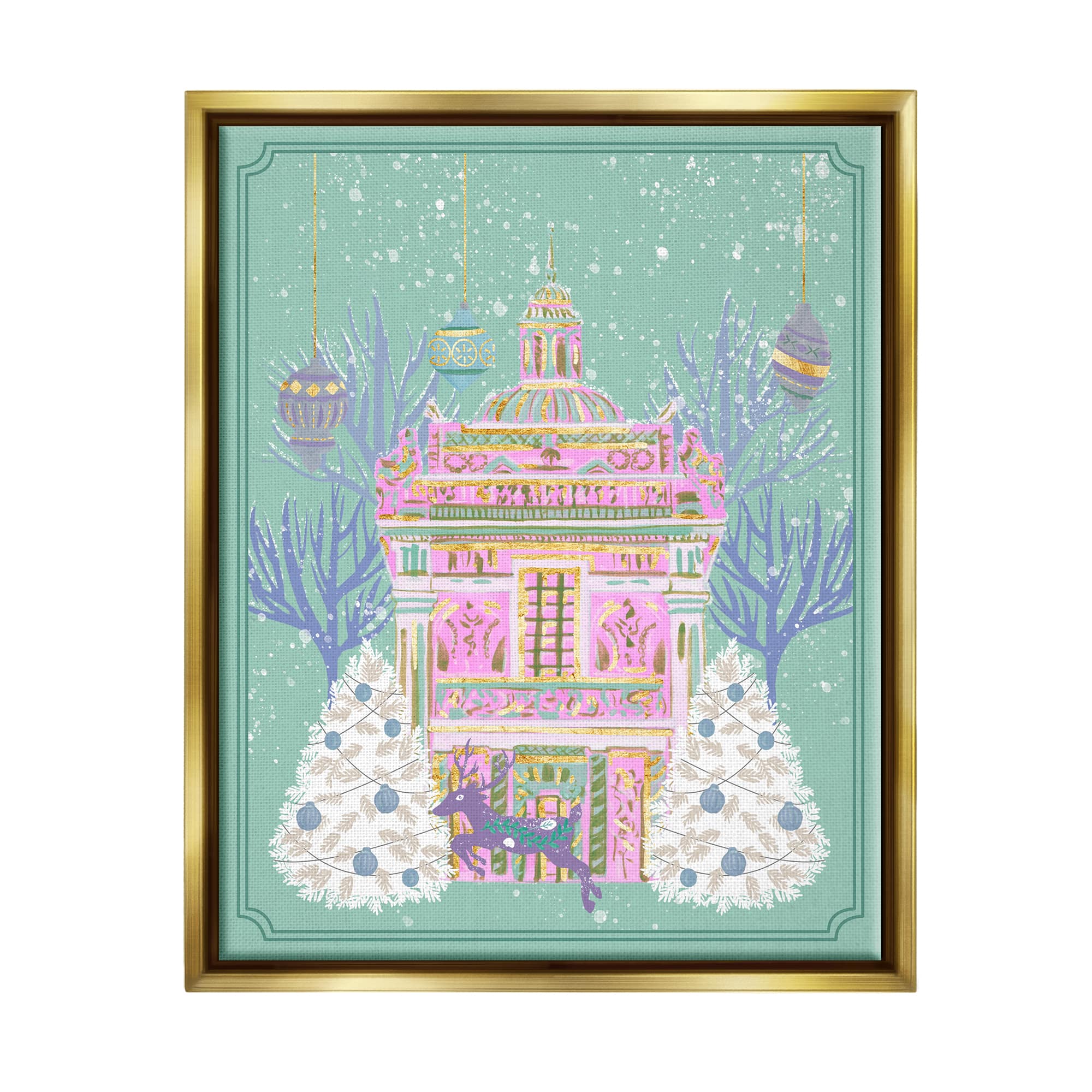 Stupell Industries Pink Ornate Christmas Building Gold Framed Floater Canvas Wall Art