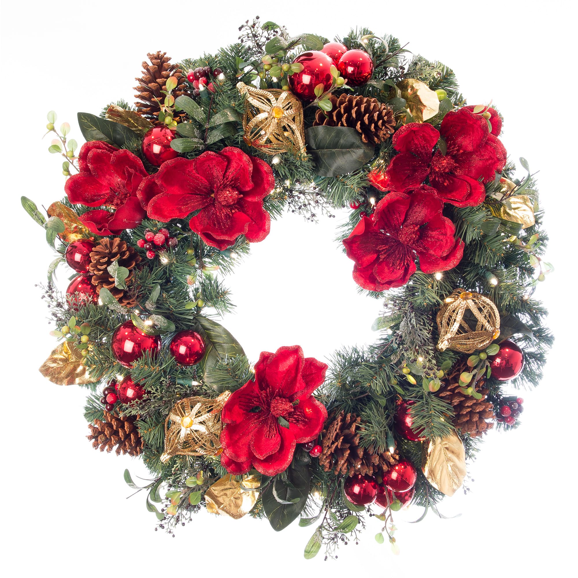 Village Lighting 30" Pre-Lit Red Magnolia Christmas Wreath, Clear LED Lights