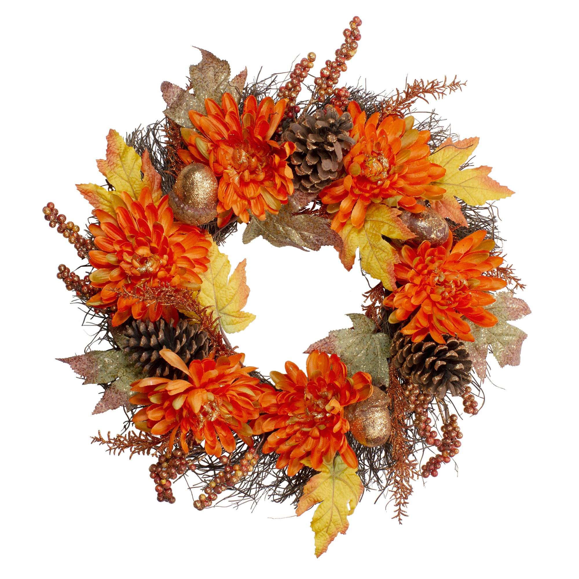 22'' Mums & Acorns Floral Twig Artificial Wreath