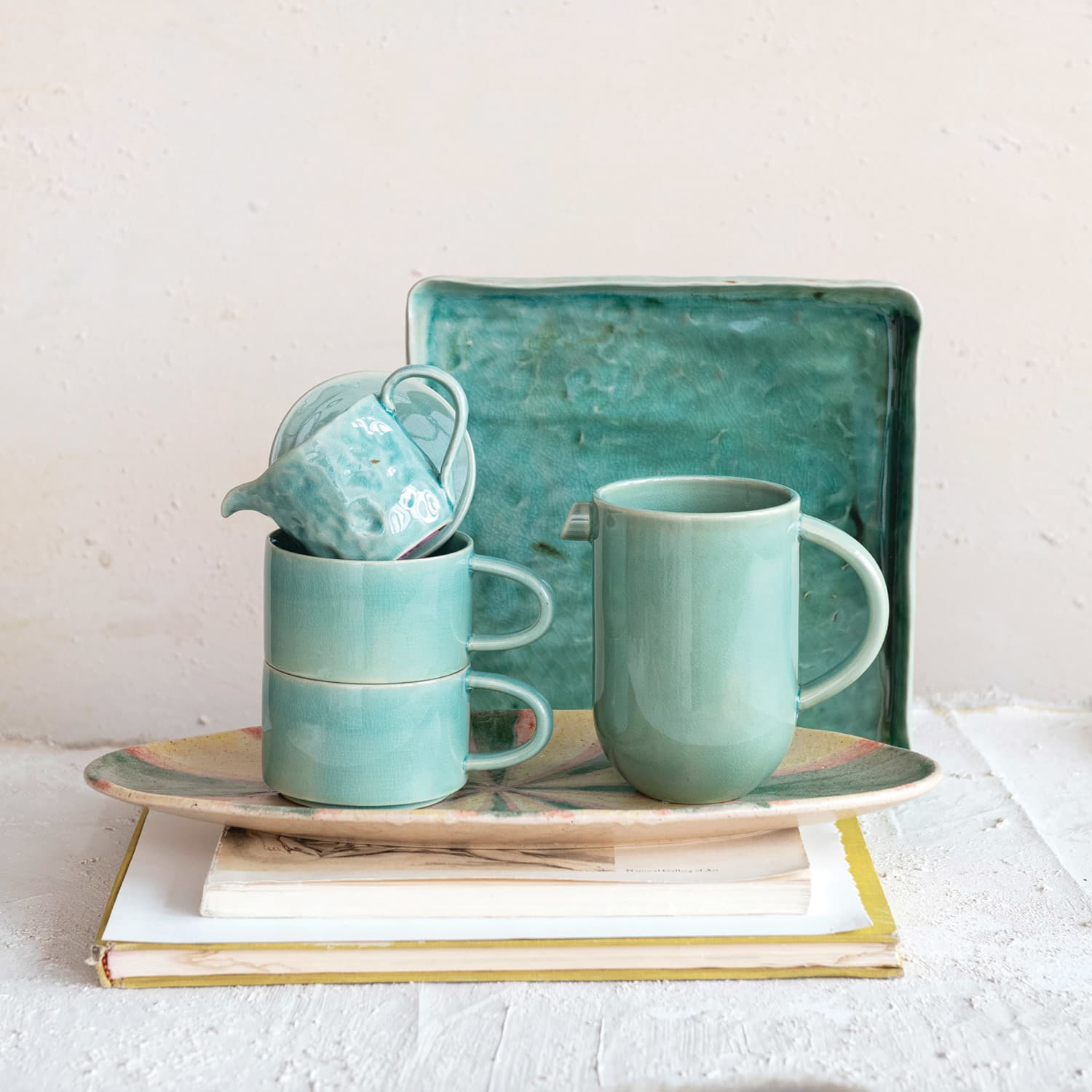 Aqua Stoneware Pitcher with Stackable Mugs &#x26; Lid Set