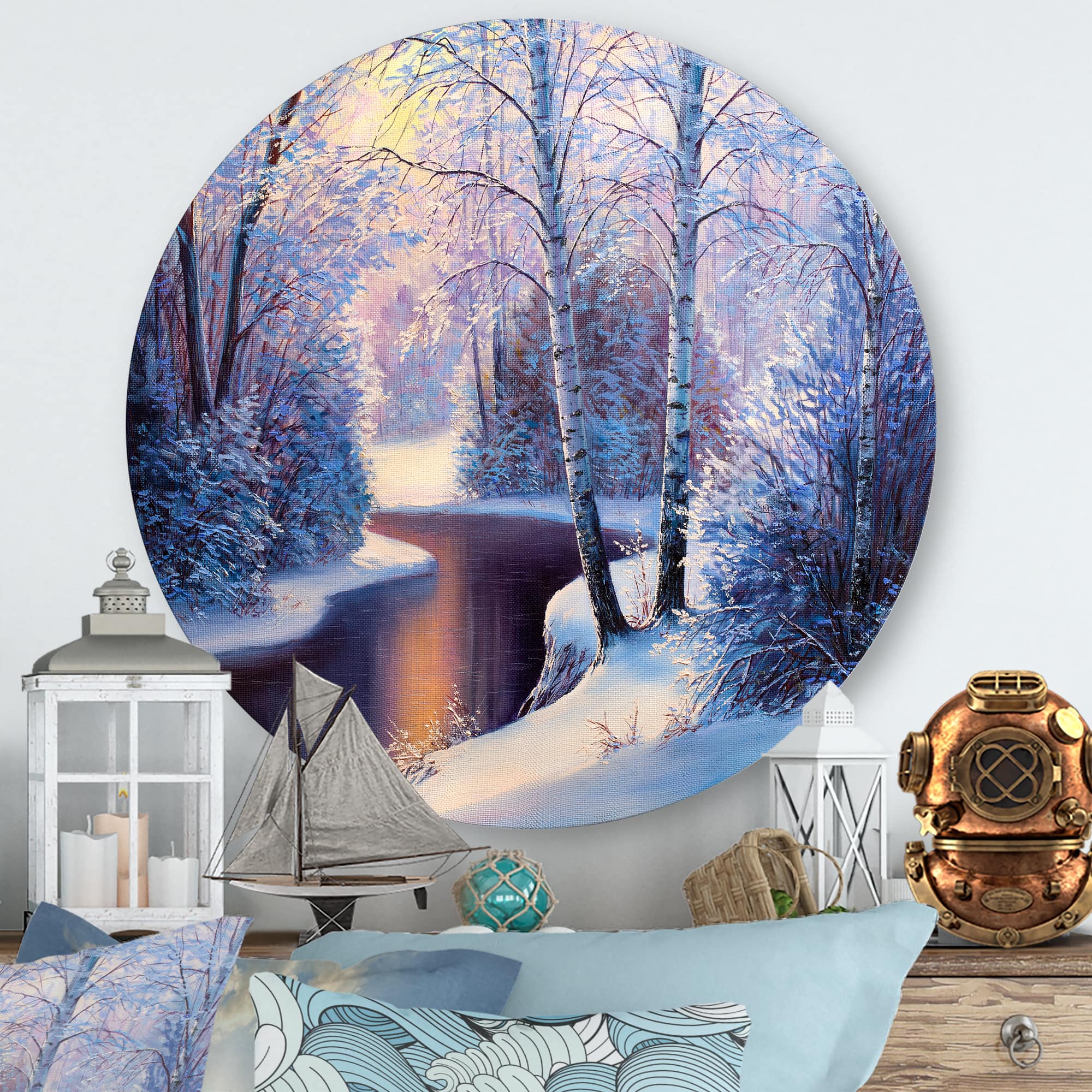 Designart - Christmas Forest With River and Trees I - Traditional Metal Circle Wall Art