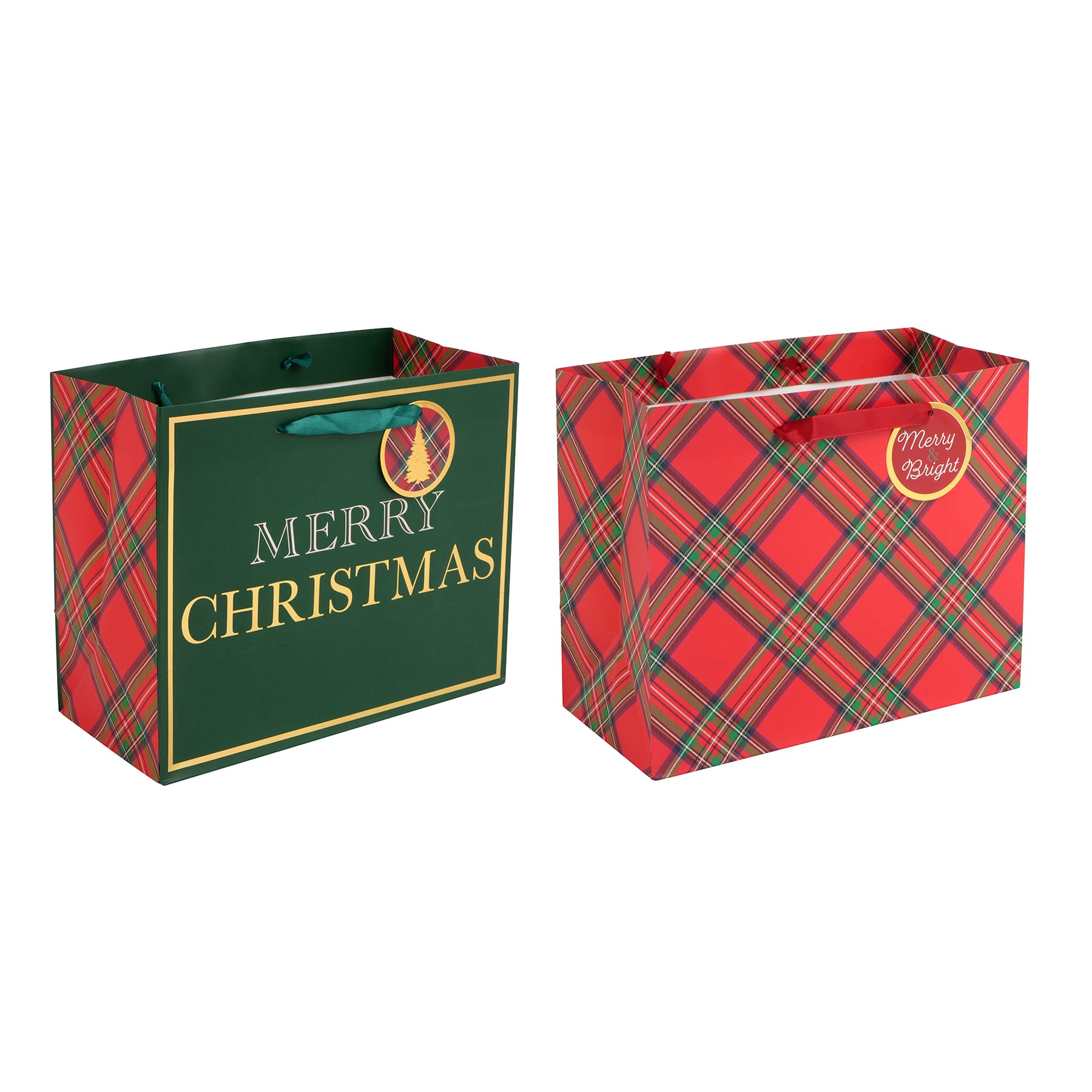 10&#x22; Green Merry Christmas &#x26; Red Plaid Gift Bag Set by Celebrate It&#xAE;