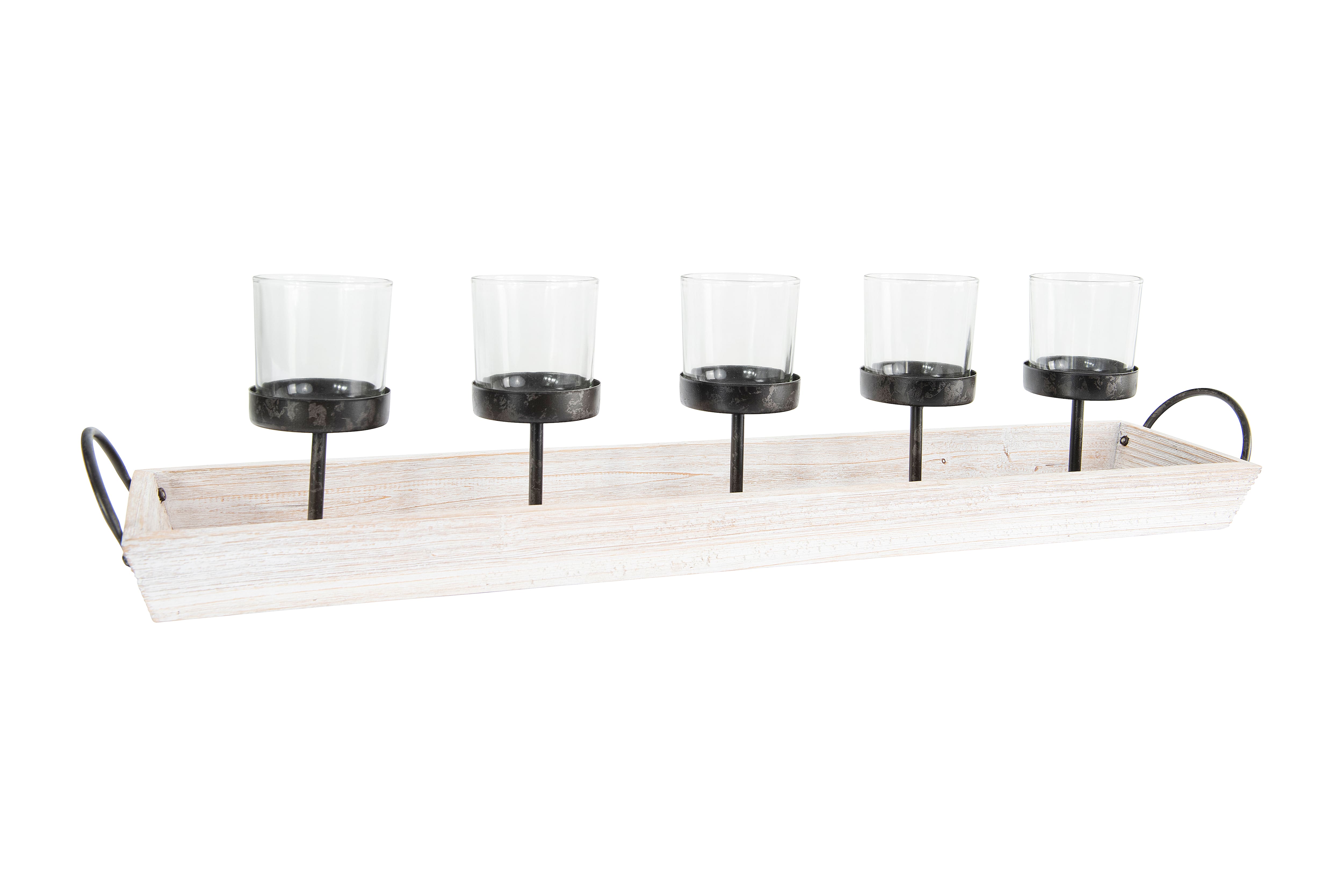 Hello Honey&#xAE; Rectangle Wood Tray Holder with 5 Clear Glass Votive Candleholders