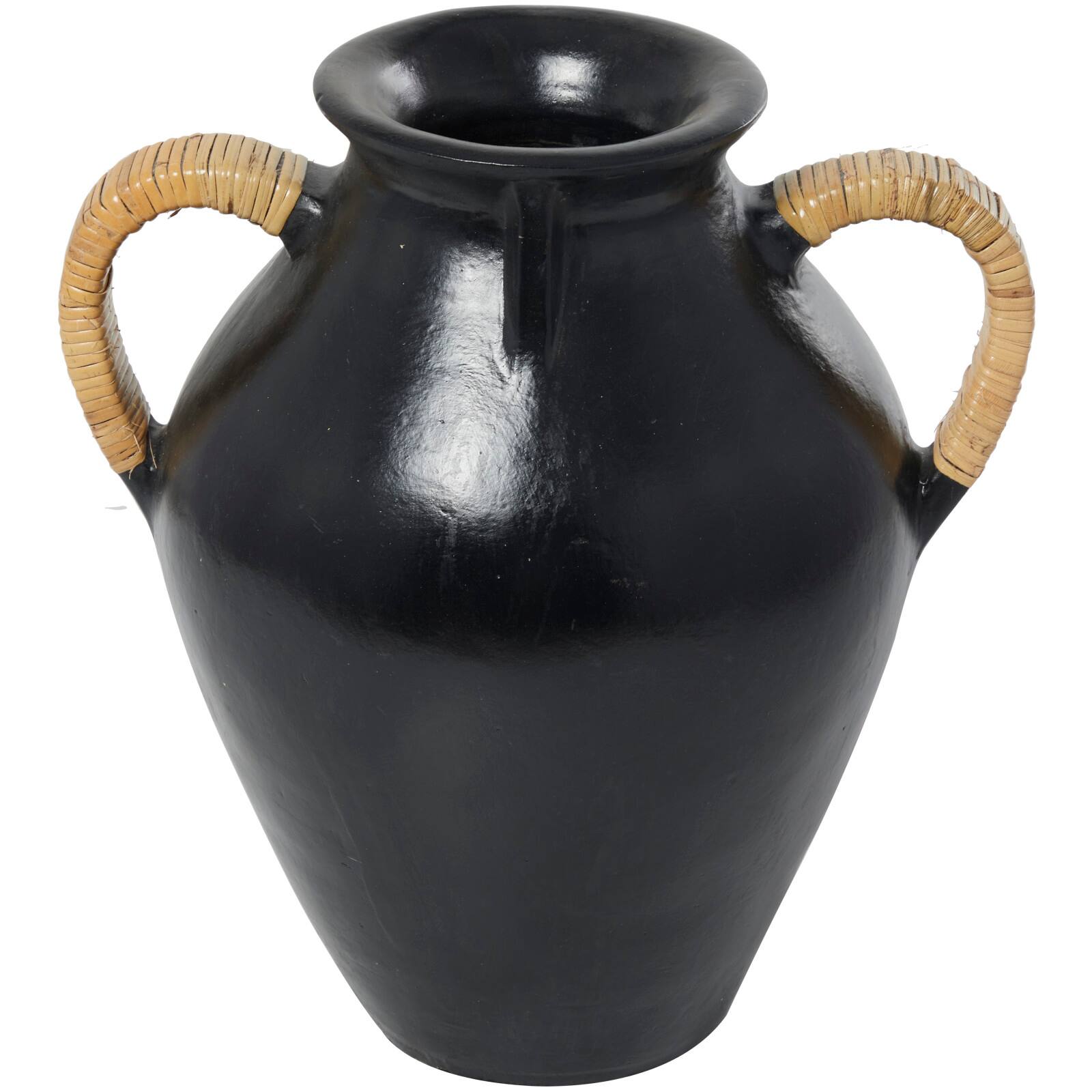 19" Black Ceramic Jug Vase with Rattan Wrapped Handles