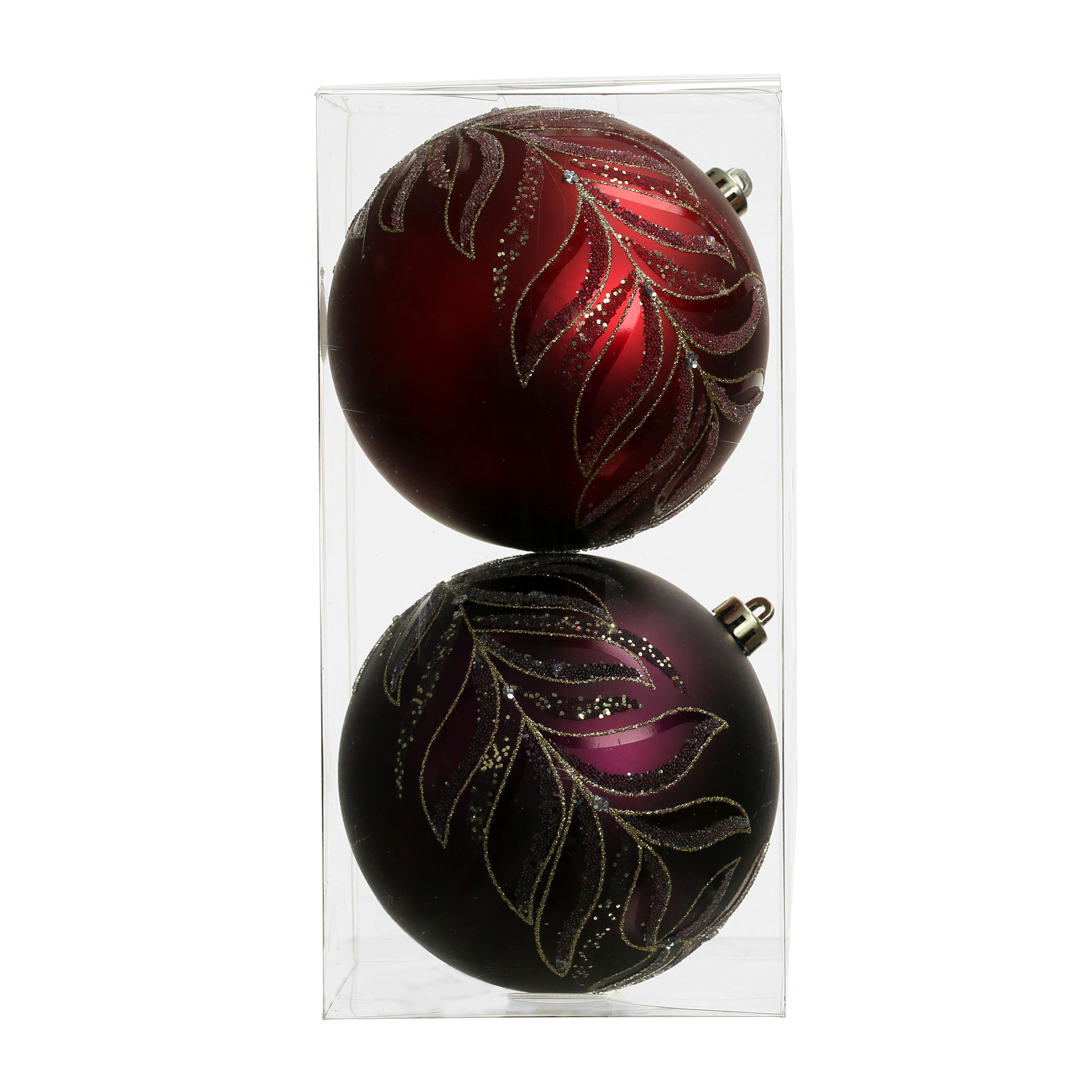 2 Pack 4.7&#x22; Purple &#x26; Red Glitter Leaves Shatterproof Ball Ornaments by Ashland&#xAE;