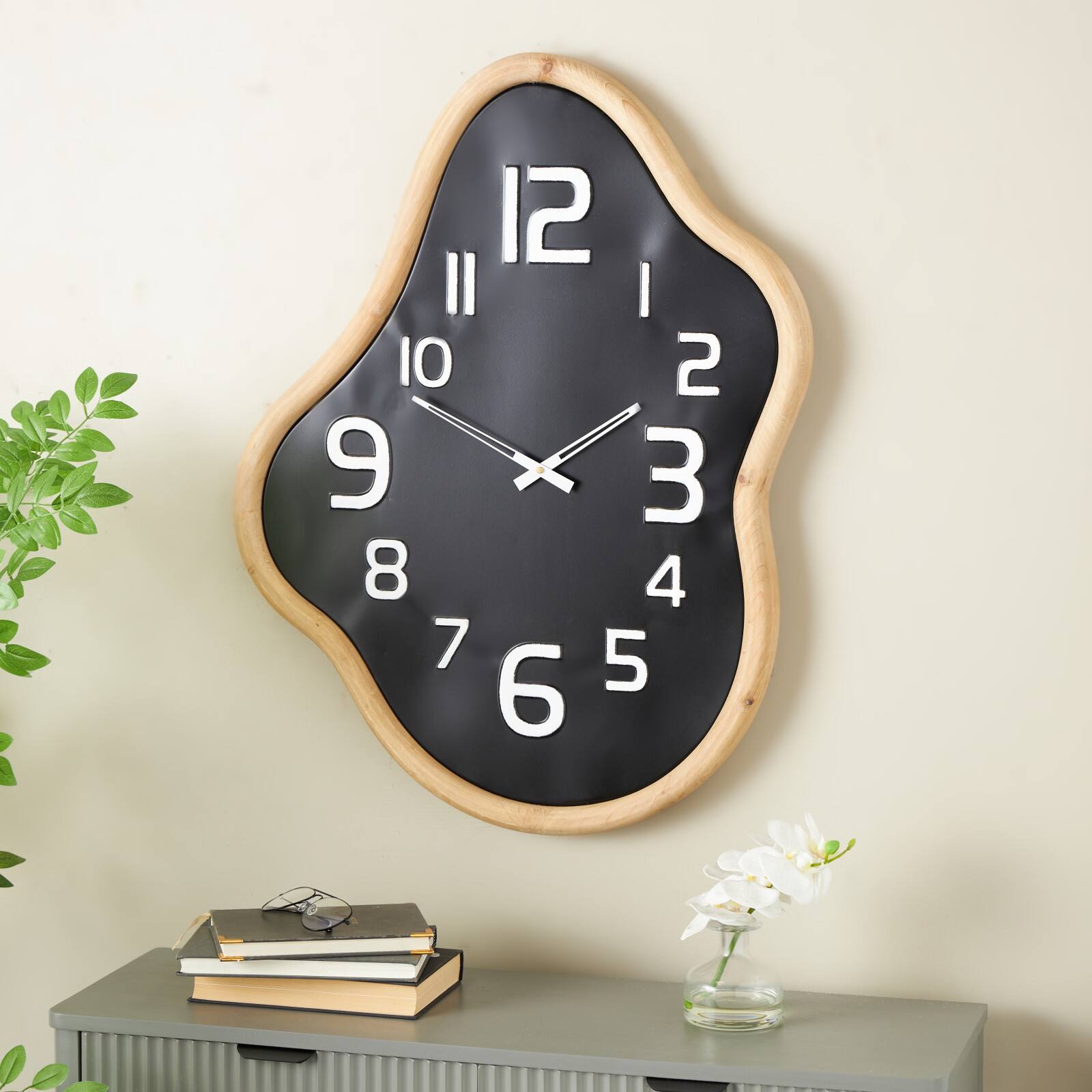 25" x 32" Black Metal Wavy Decorative Wall Clock with Brown Frame & White Accents