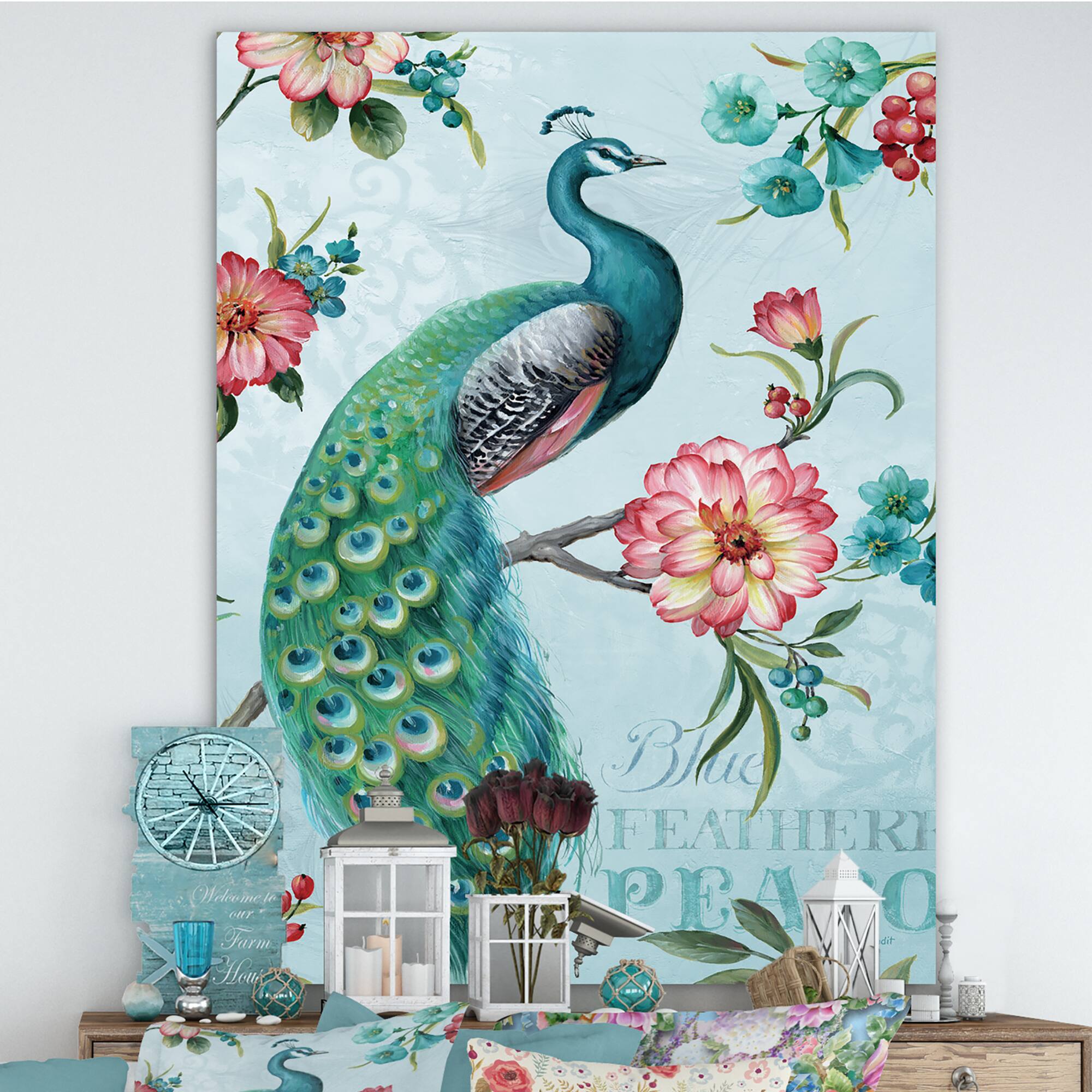 Designart - Peacock - Floral and botanical Canvas Artwork
