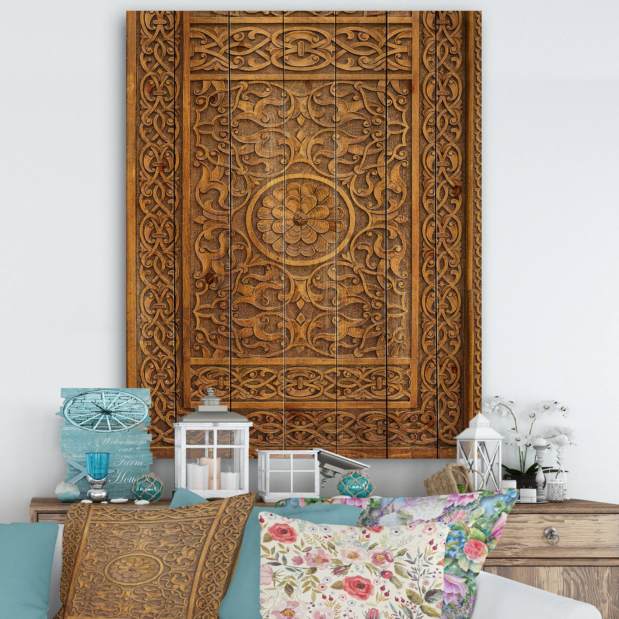 Designart - Old Carved Wooden Door - Vintage Print on Natural Pine Wood