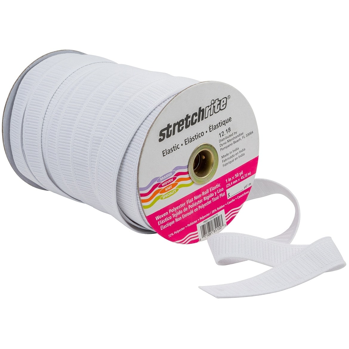 Stretchrite White Flat Non-Roll Polyester Woven Elastic, 1&#x22; x 50yd.