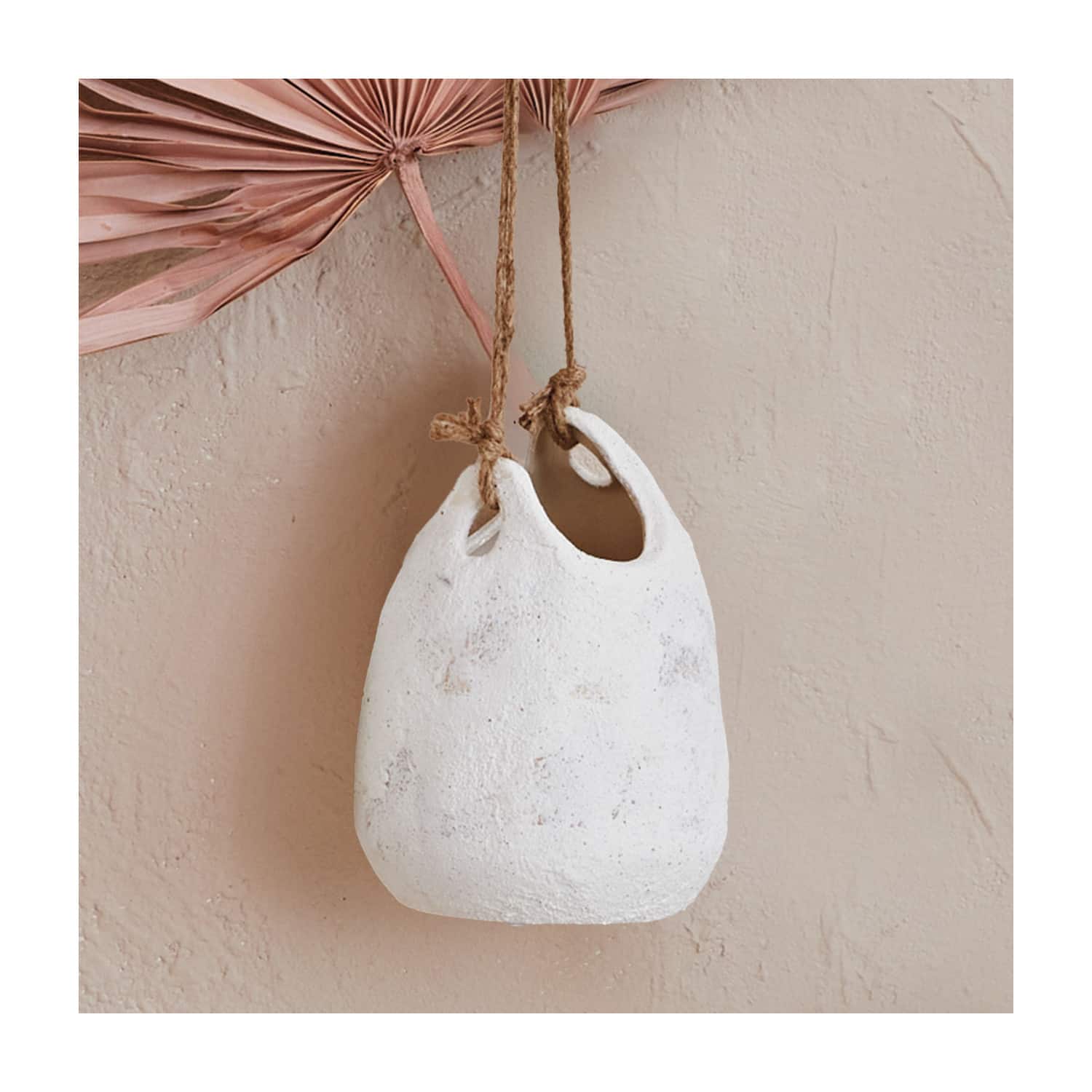 Hello Honey® 9.5" White Distressed Volcano Finish Hanging Stoneware Planter with Jute Rope Hanger