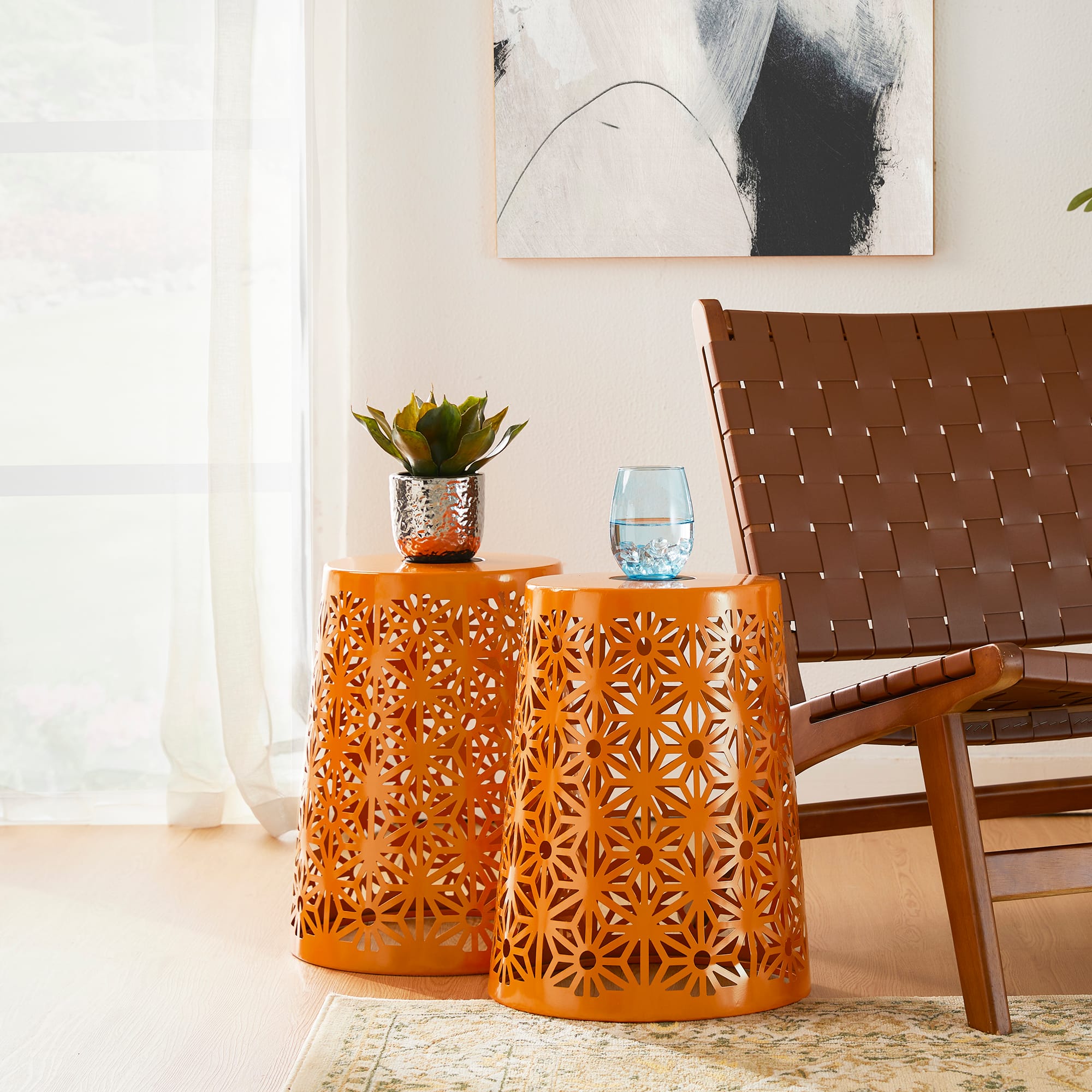 Glitzhome® 17.5" Iron Geometric Pattern Solar Garden Stool Set