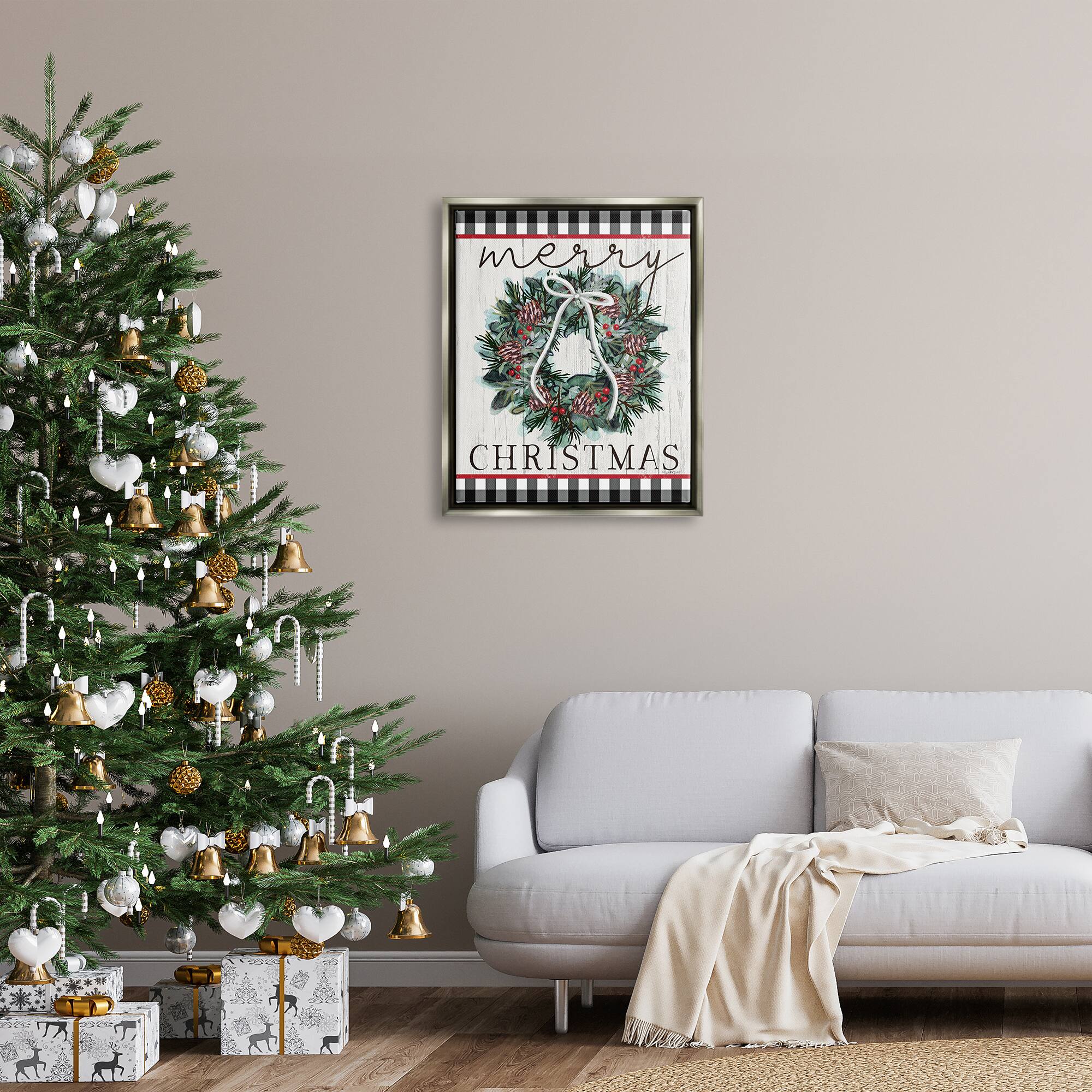 Stupell Industries Merry Christmas Tartan Wreath Framed Floater Canvas Wall Art