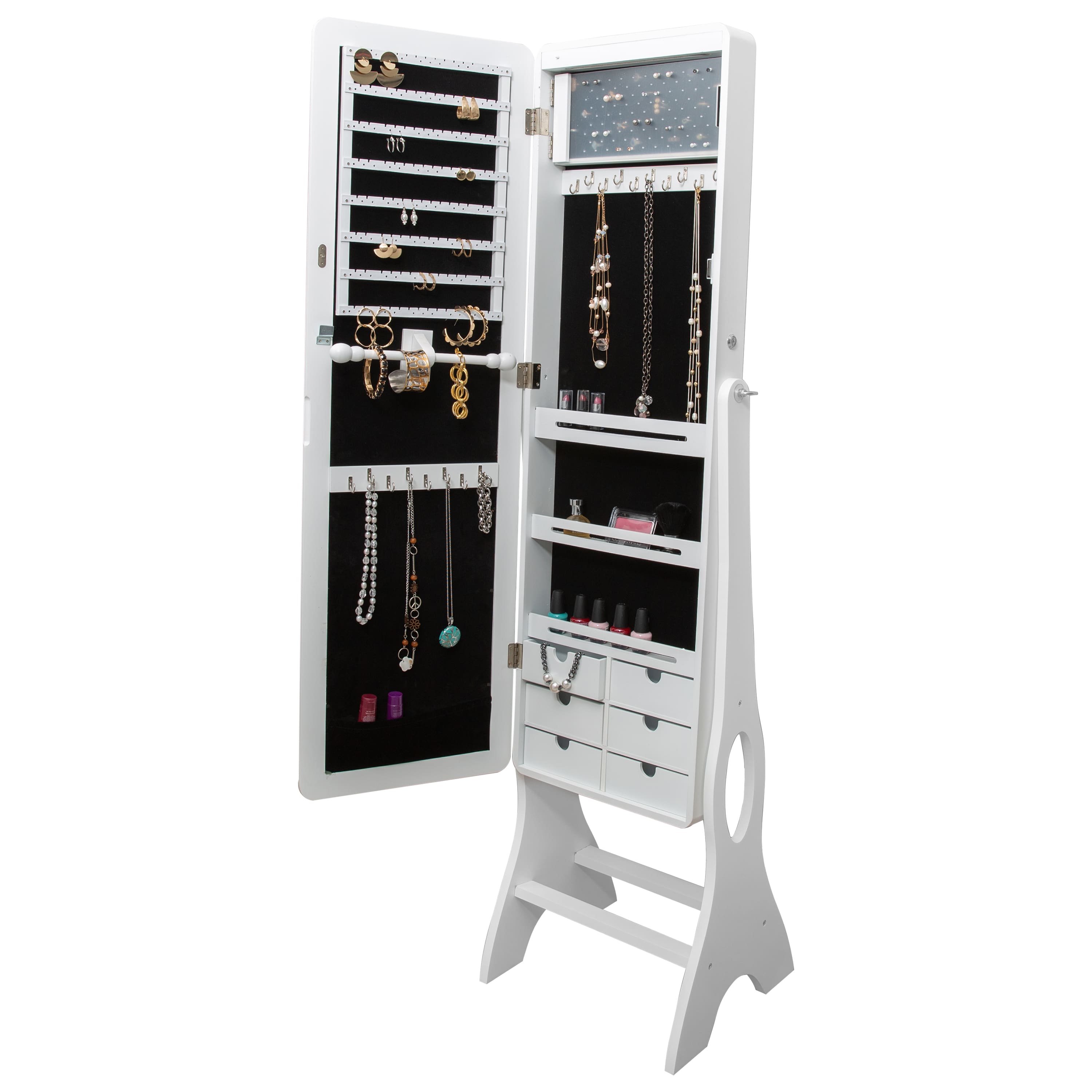 Simplify 61&#x22; White Jewelry Armoire Free Standing Cabinet with Full Mirror