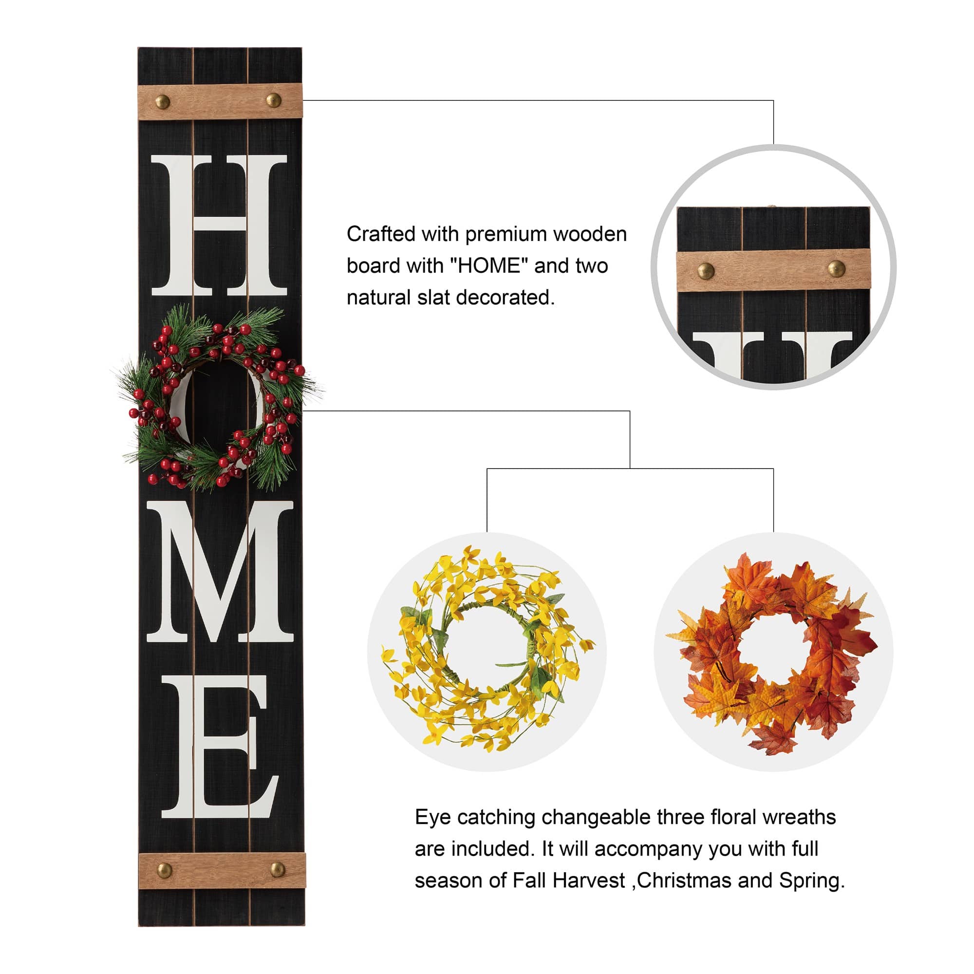 Glitzhome® 42" Black Home Wood Porch Sign with 3 Changeable Wreaths