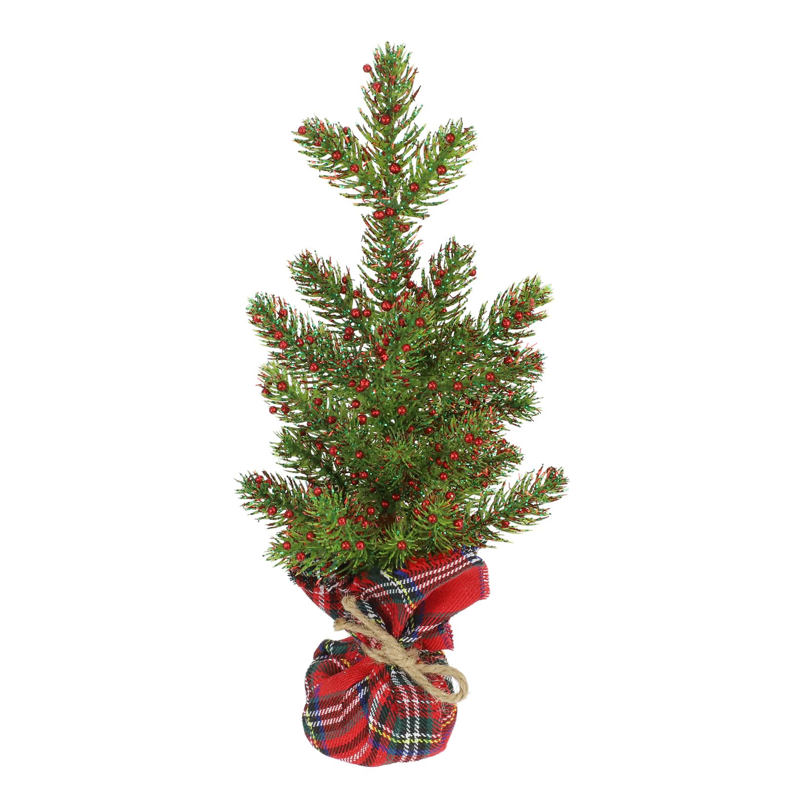 12&#x22; Green Glitter Pine &#x26; Red Berry Accent Tree in Red Plaid Fabric Base by Ashland&#xAE;
