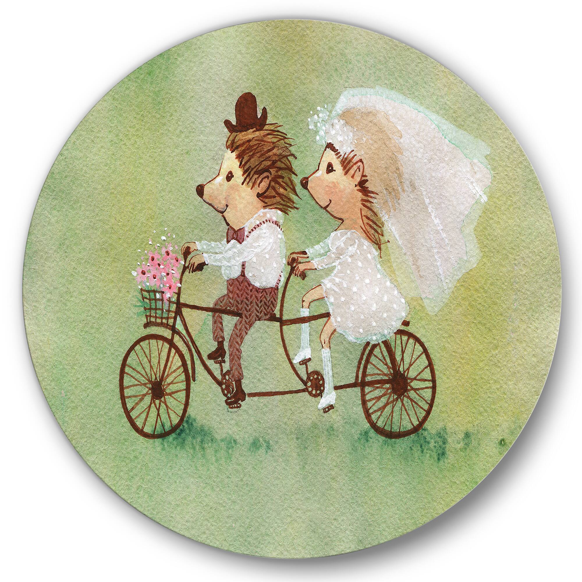 Designart - Couple of Hedgehogs Riding A Bike - Traditional Metal Circle Wall Art