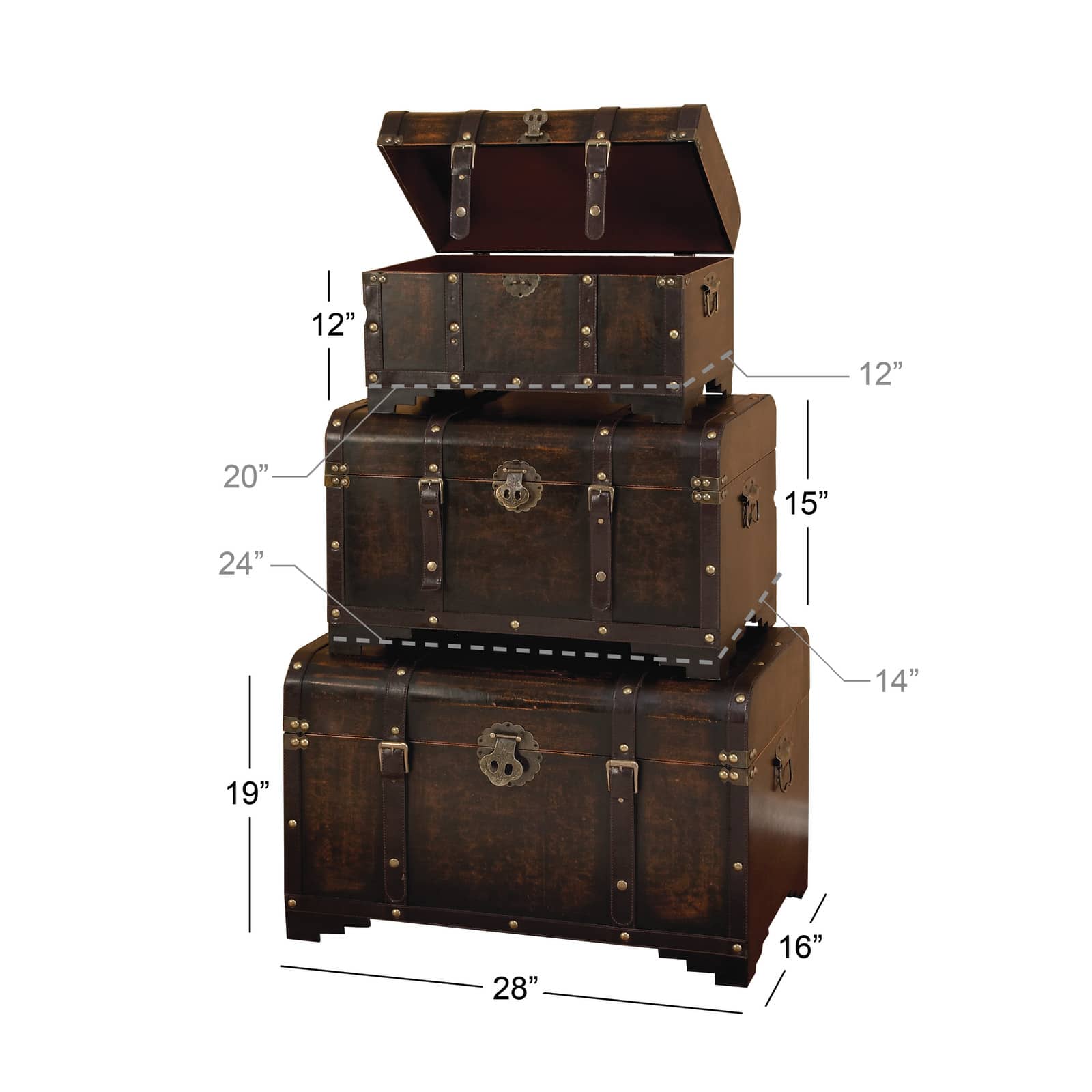 Set of 3&#x22; Brown Wood Traditional Trunk, 28&#x22;, 24&#x22;, 20&#x22;