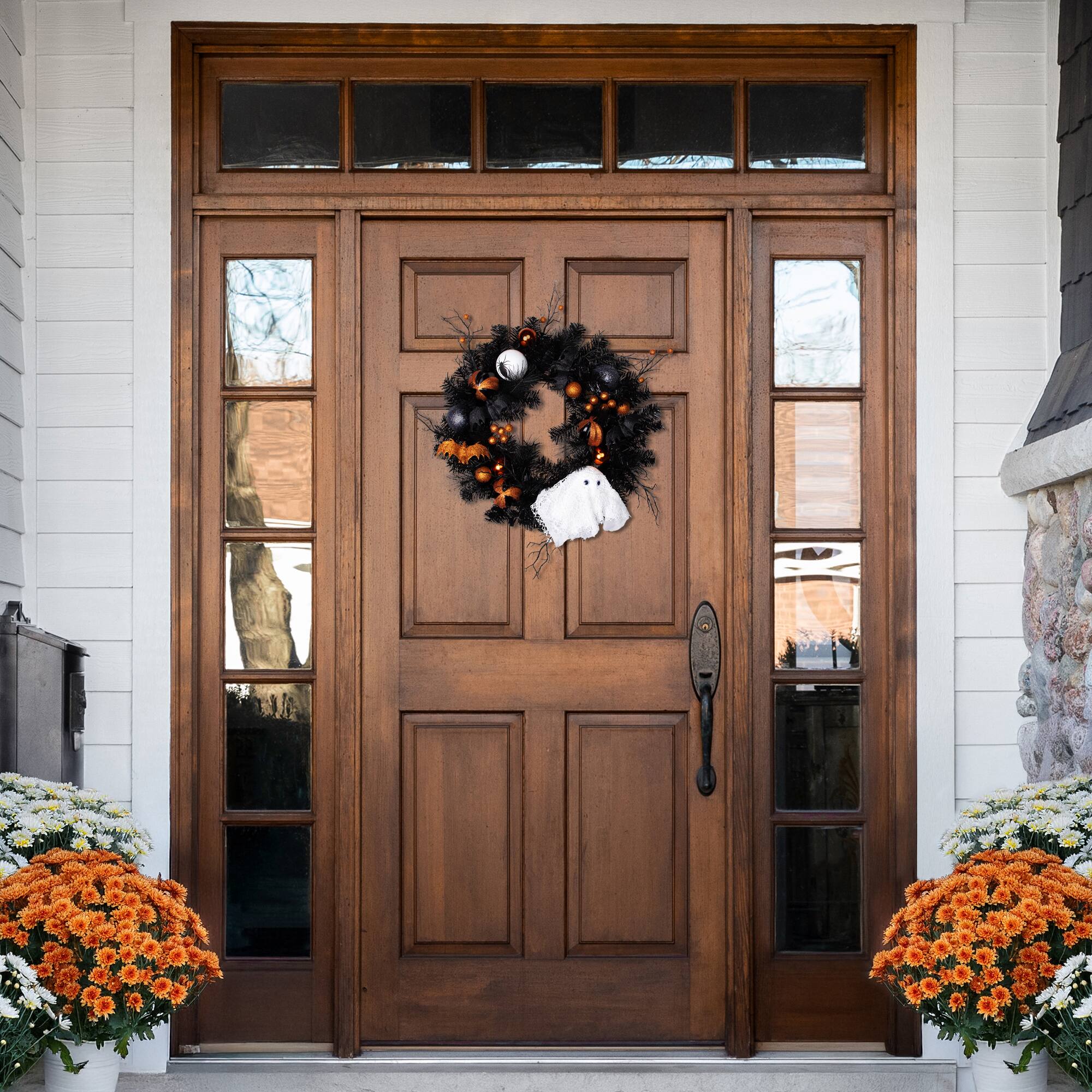 24'' Unlit Orange Ornaments and Ghost Halloween Pine Wreath