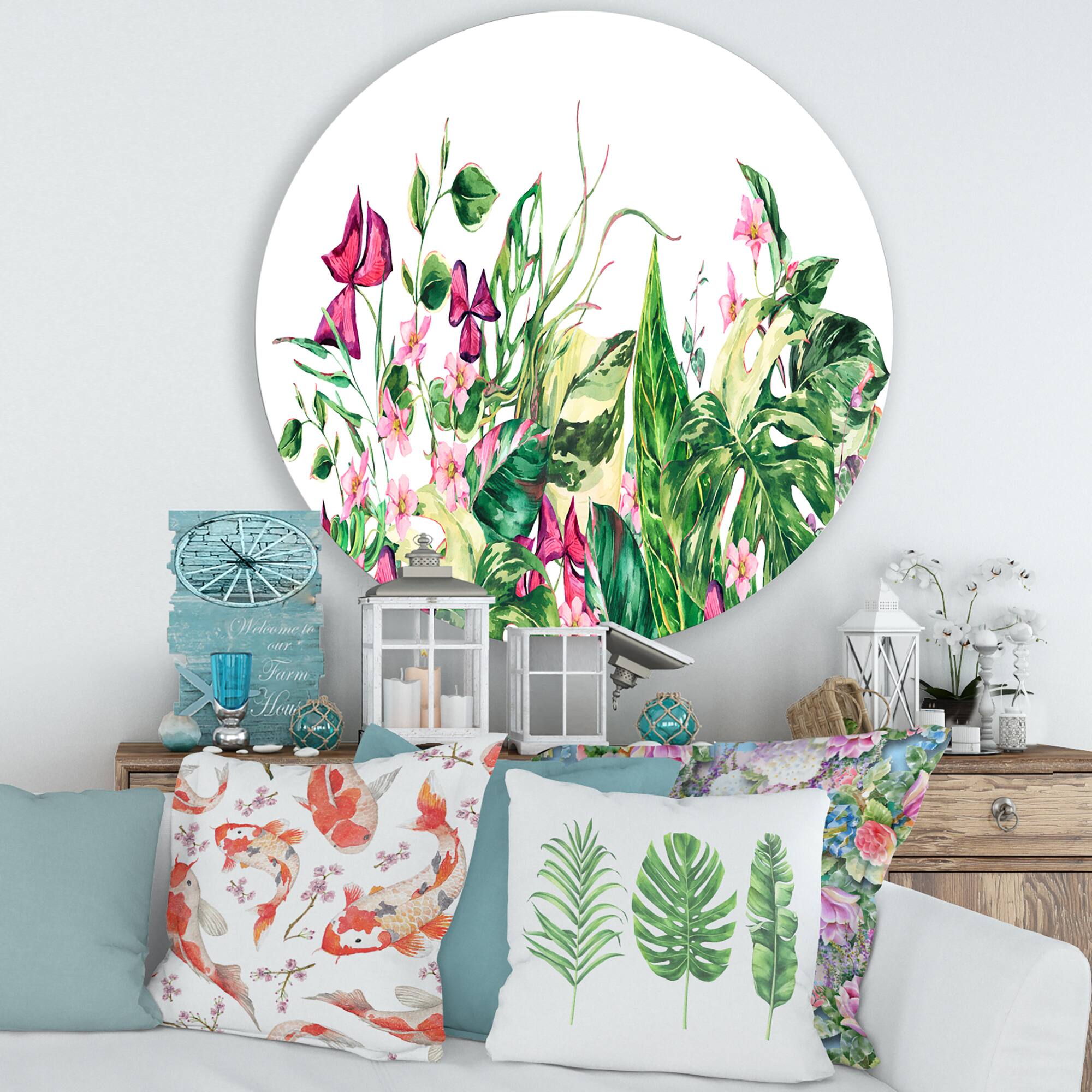 Designart - Vintage Floral Tropical Leaves I - Tropical Metal Circle Wall Art