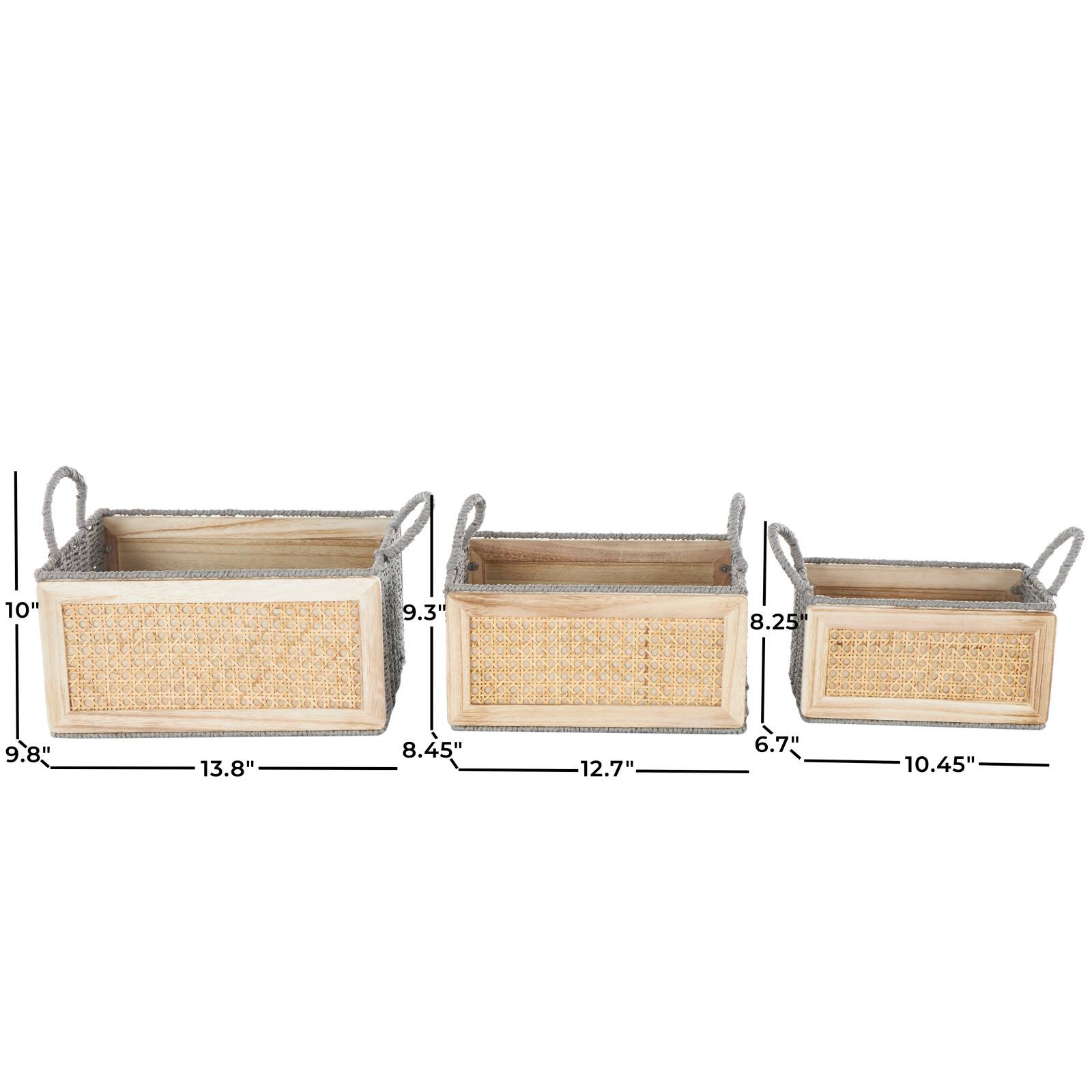 Light Brown Rattan Woven Basket with Gray Rope Handles, 3ct.