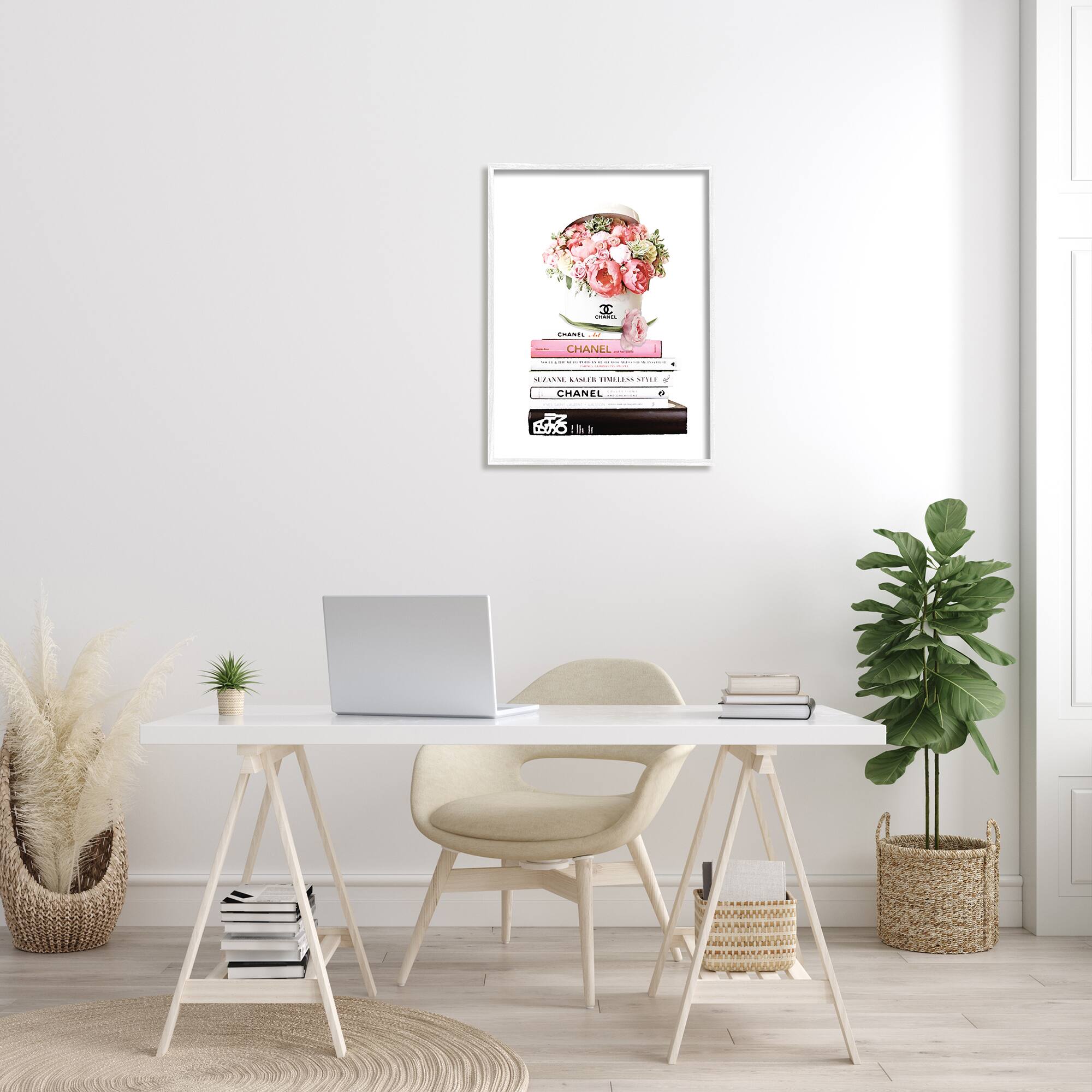 Stupell Industries Pink Florals in Hat Box Glam Fashion Books in White Frame Wall Art