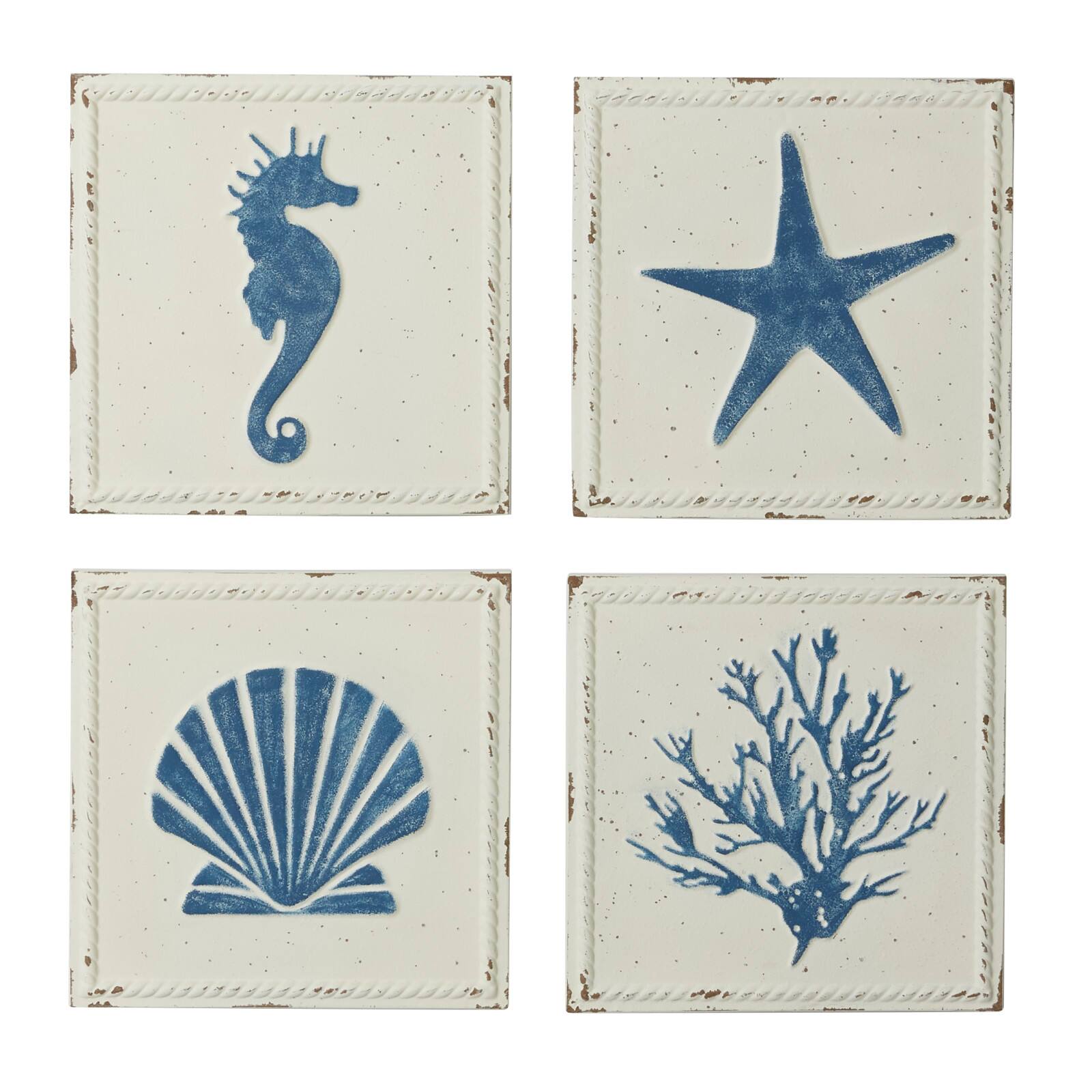 Set of 4 White Metal Coastal Wall Decor, 12&#x22; x 12&#x22;