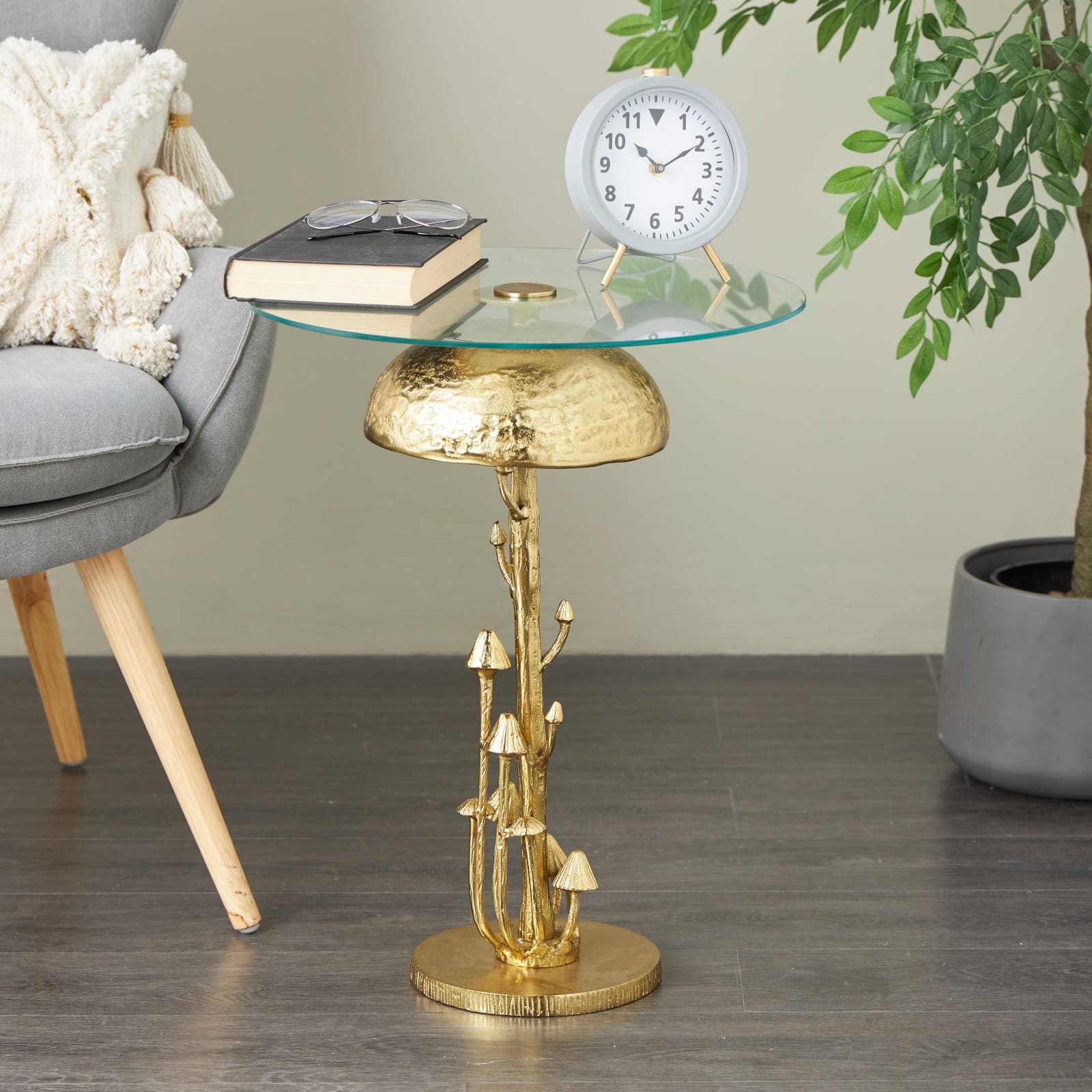 23" Gold Aluminum Metal Mushroom Table with Glass Tabletop