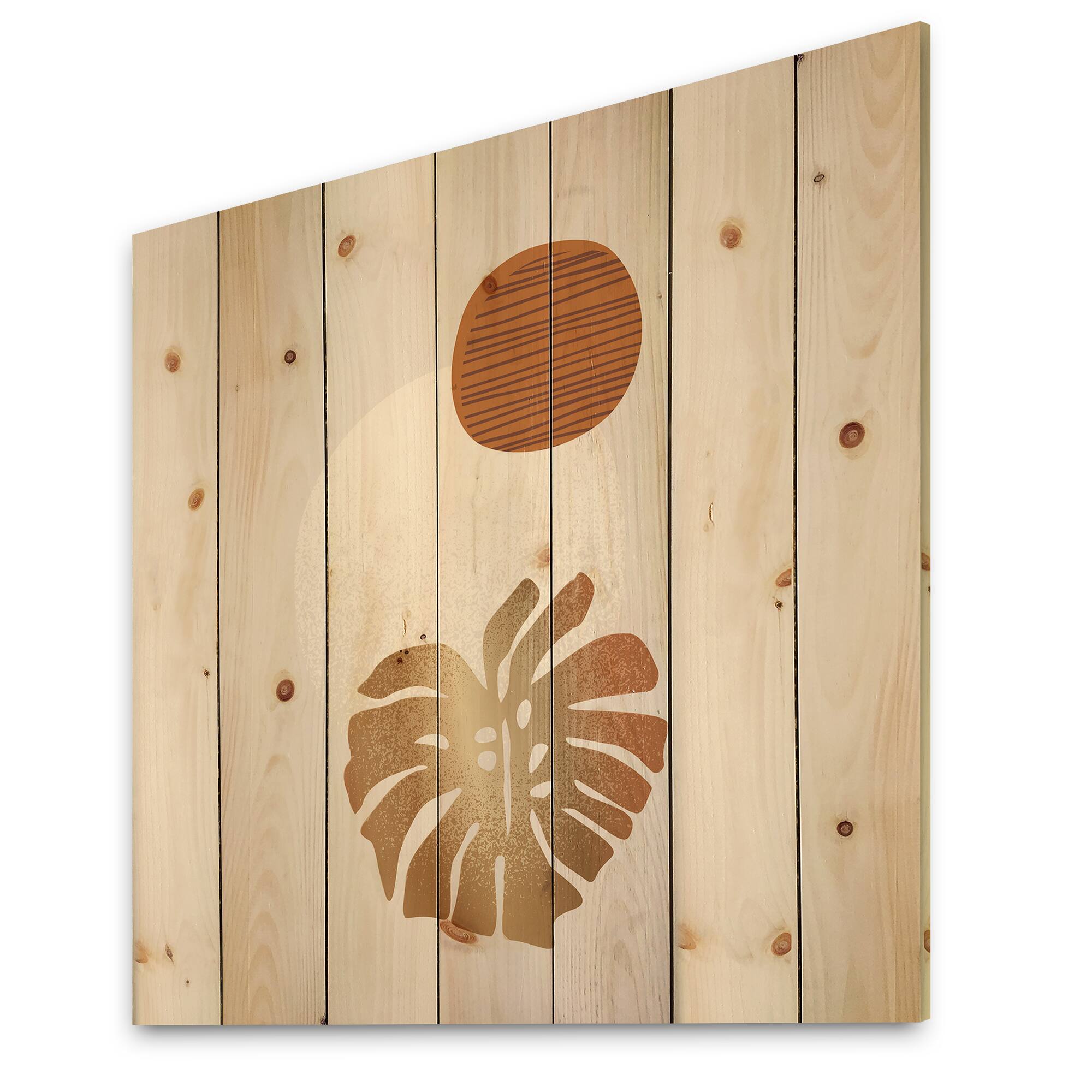 Designart - Tropical Palm Leaf &#x26; Abstract Geometry Shapes II - Modern Print on Natural Pine Wood