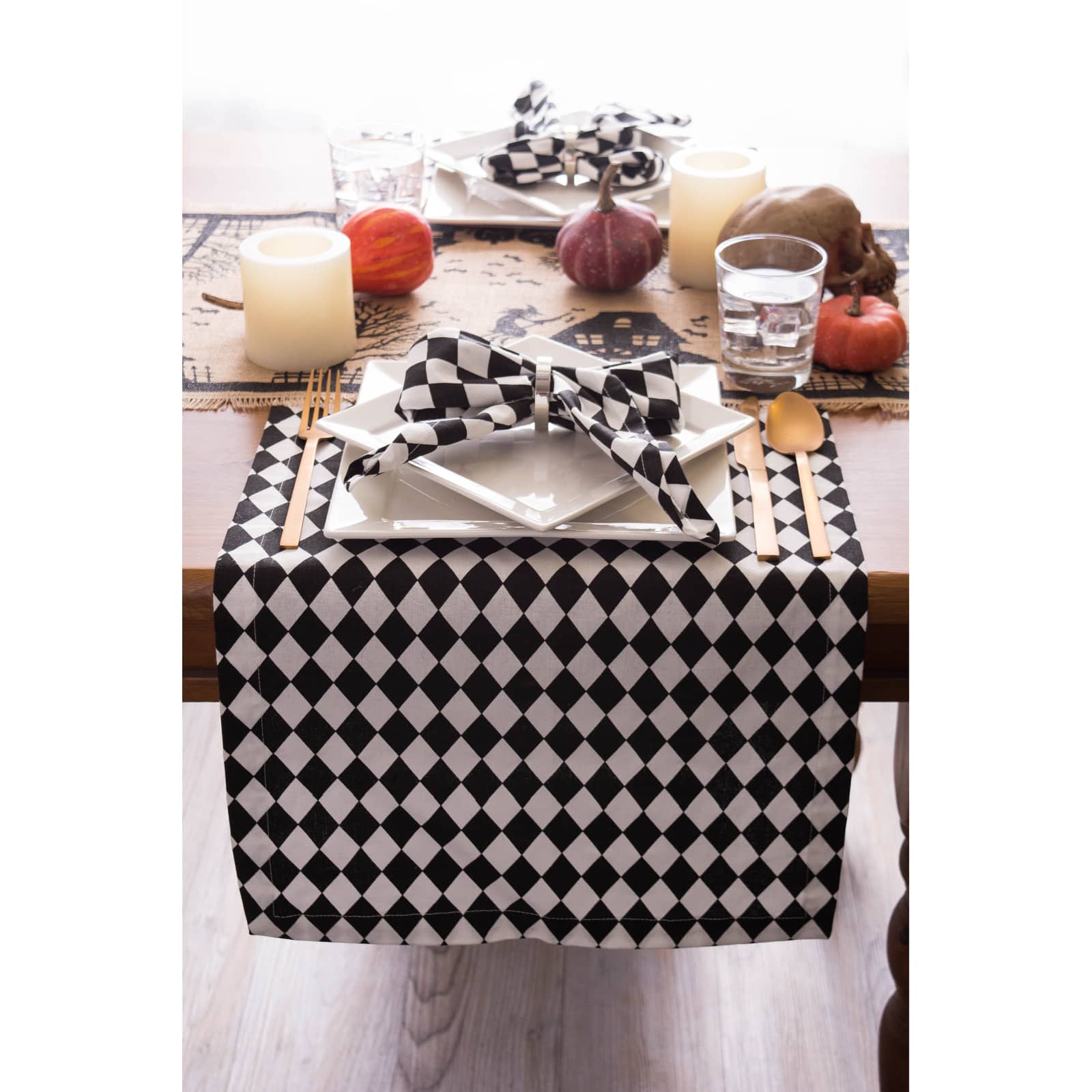 Black and Cream Harlequin Print Table Runner 14" x 108"