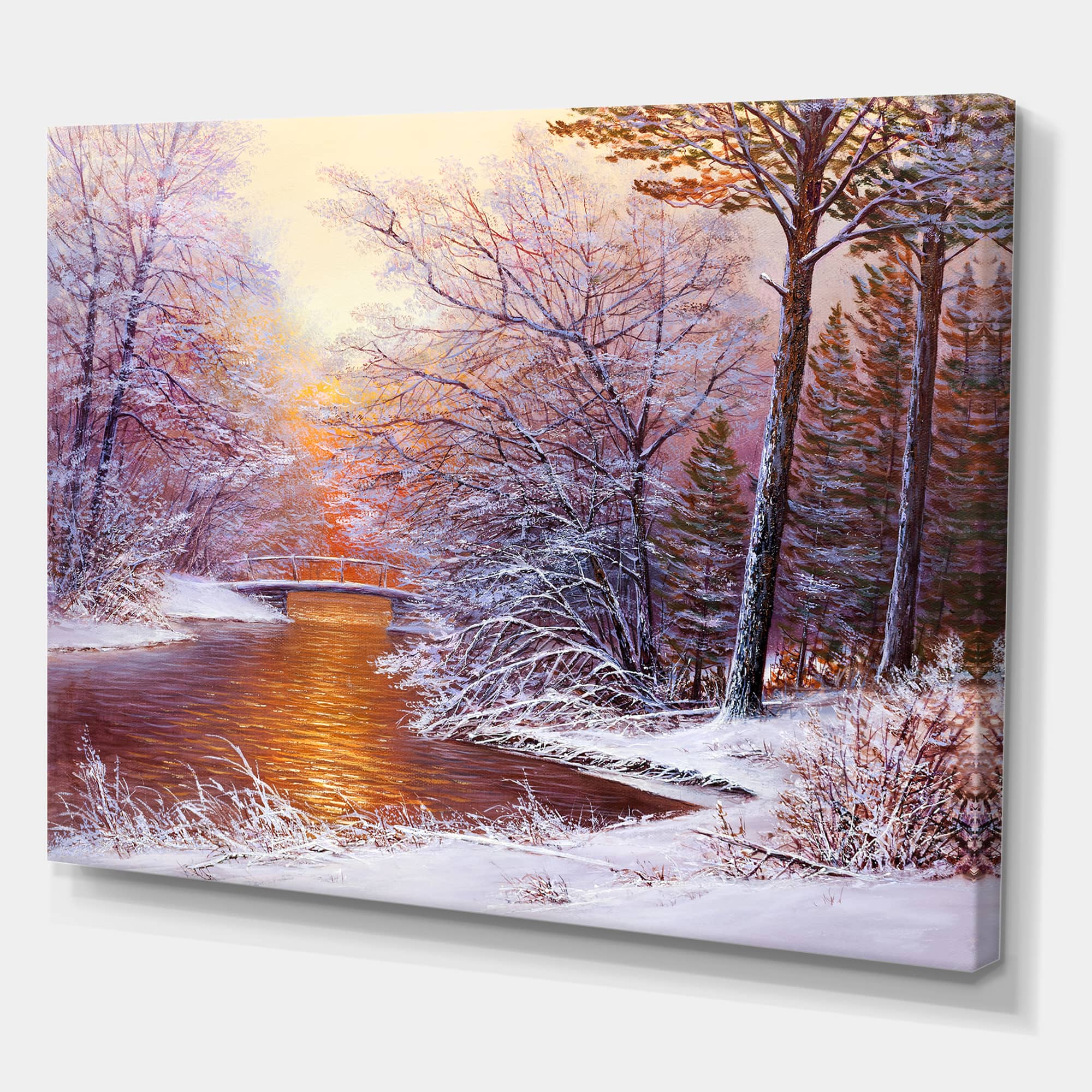 Designart - Christmas Forest With River and Trees II - Traditional Canvas Wall Art Print