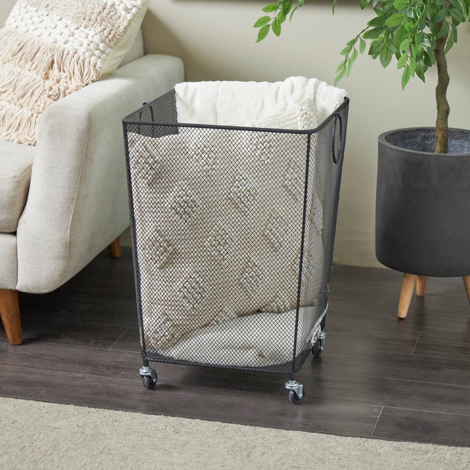 24&#x22; Black Metal Square Mesh Wire Rolling Laundry Storage Cart with Ring Handles