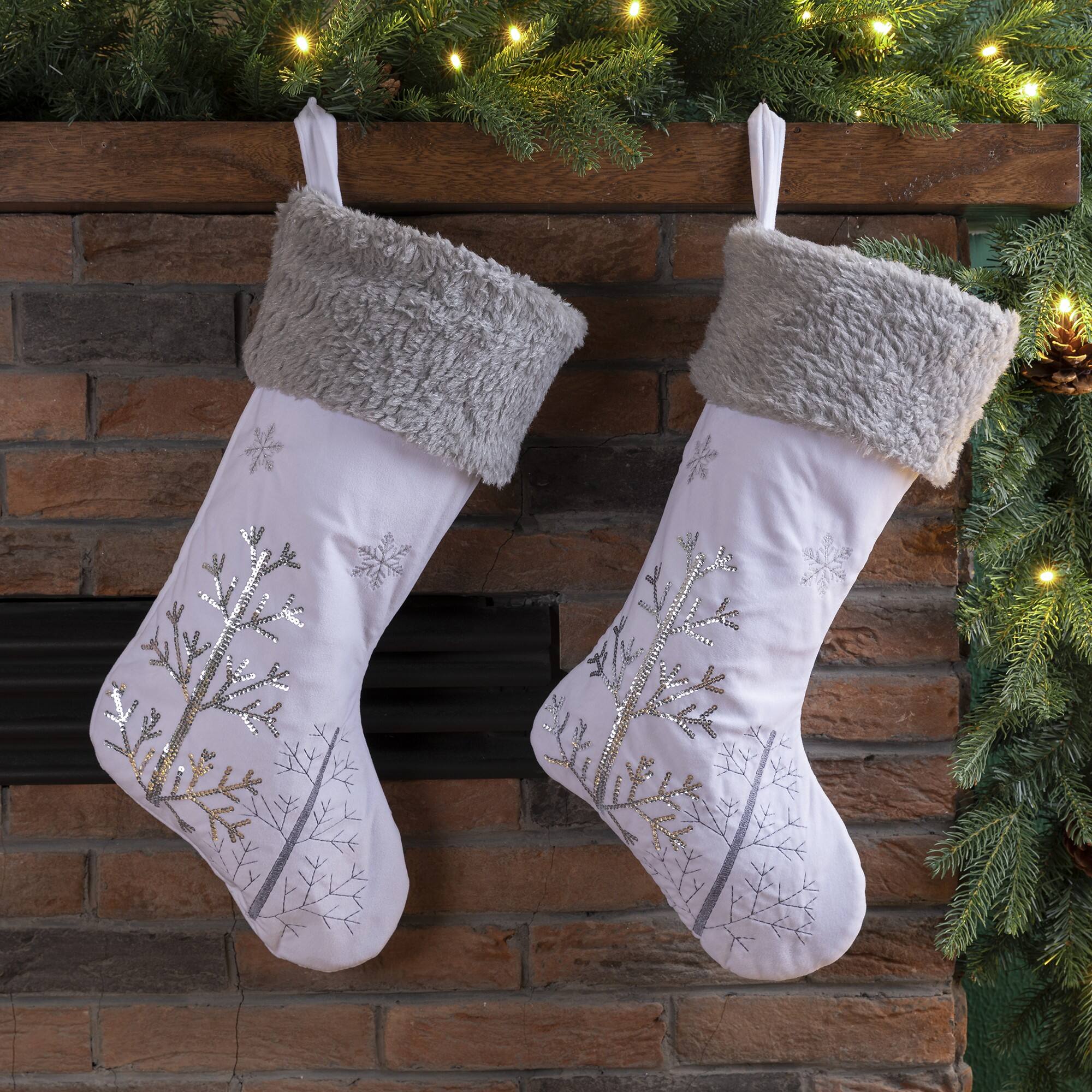 Glitzhome&#xAE; 21&#x22; White Fleece with Christmas Tree &#x26; Snowflake Stocking, 2ct.