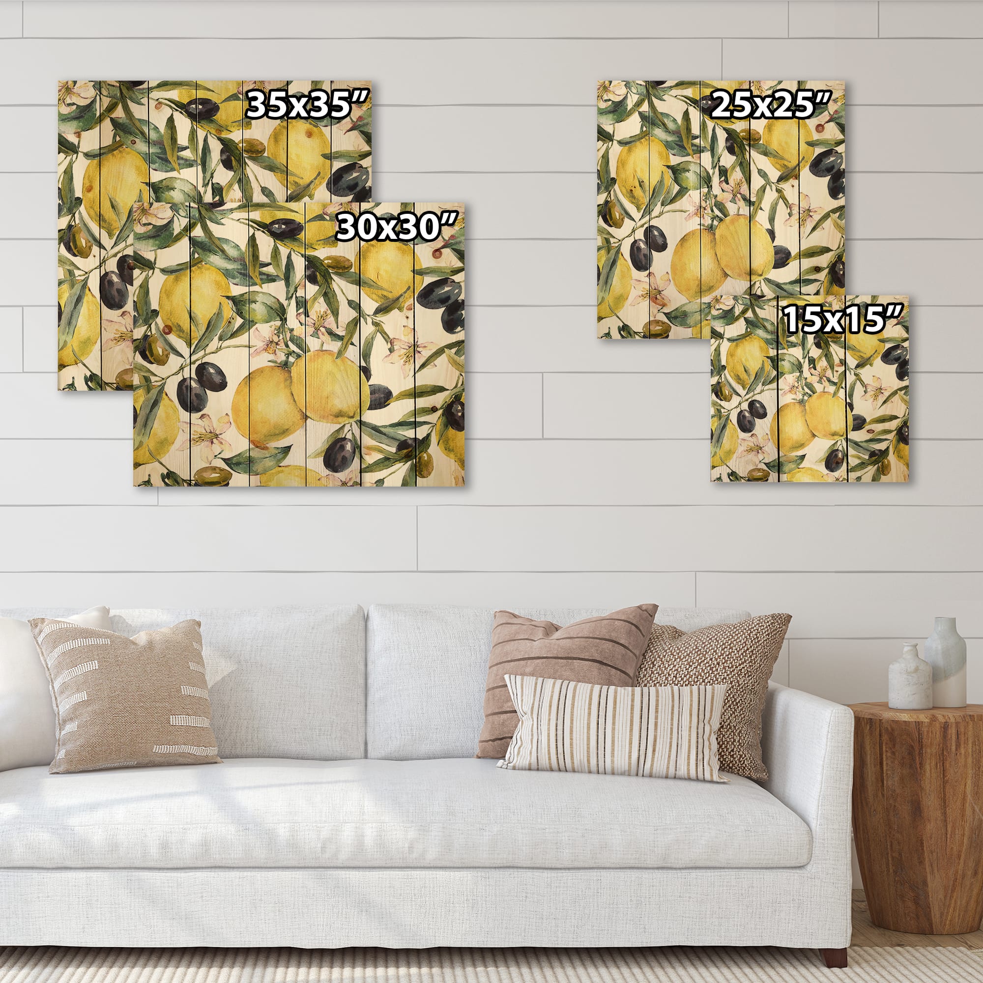 Designart - Lemon and Olive Branches I - Tropical Print on Natural Pine Wood