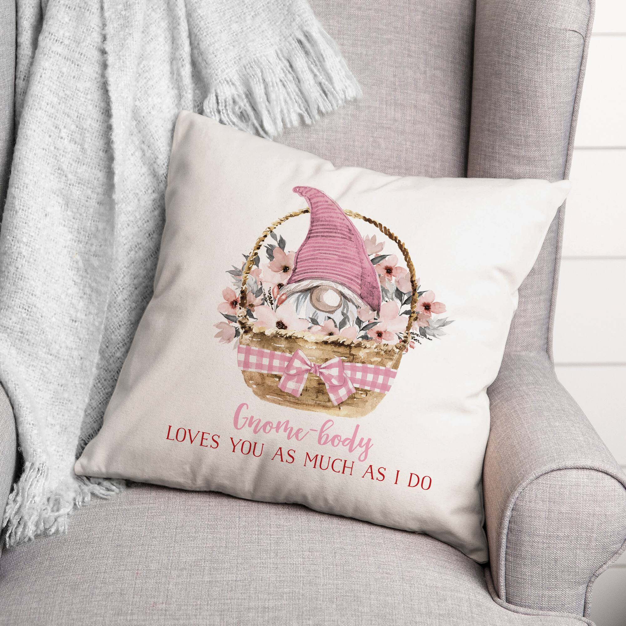 Gnome Valentine Basket Throw Pillow