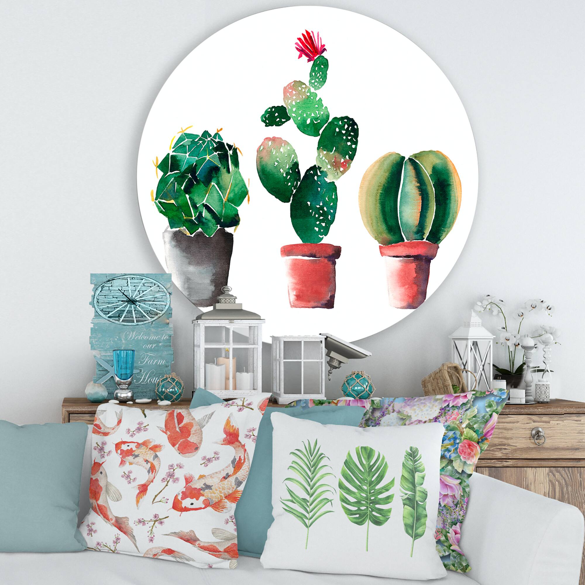 Designart - Three Cactus In Clay Pots - Traditional Metal Circle Wall Art