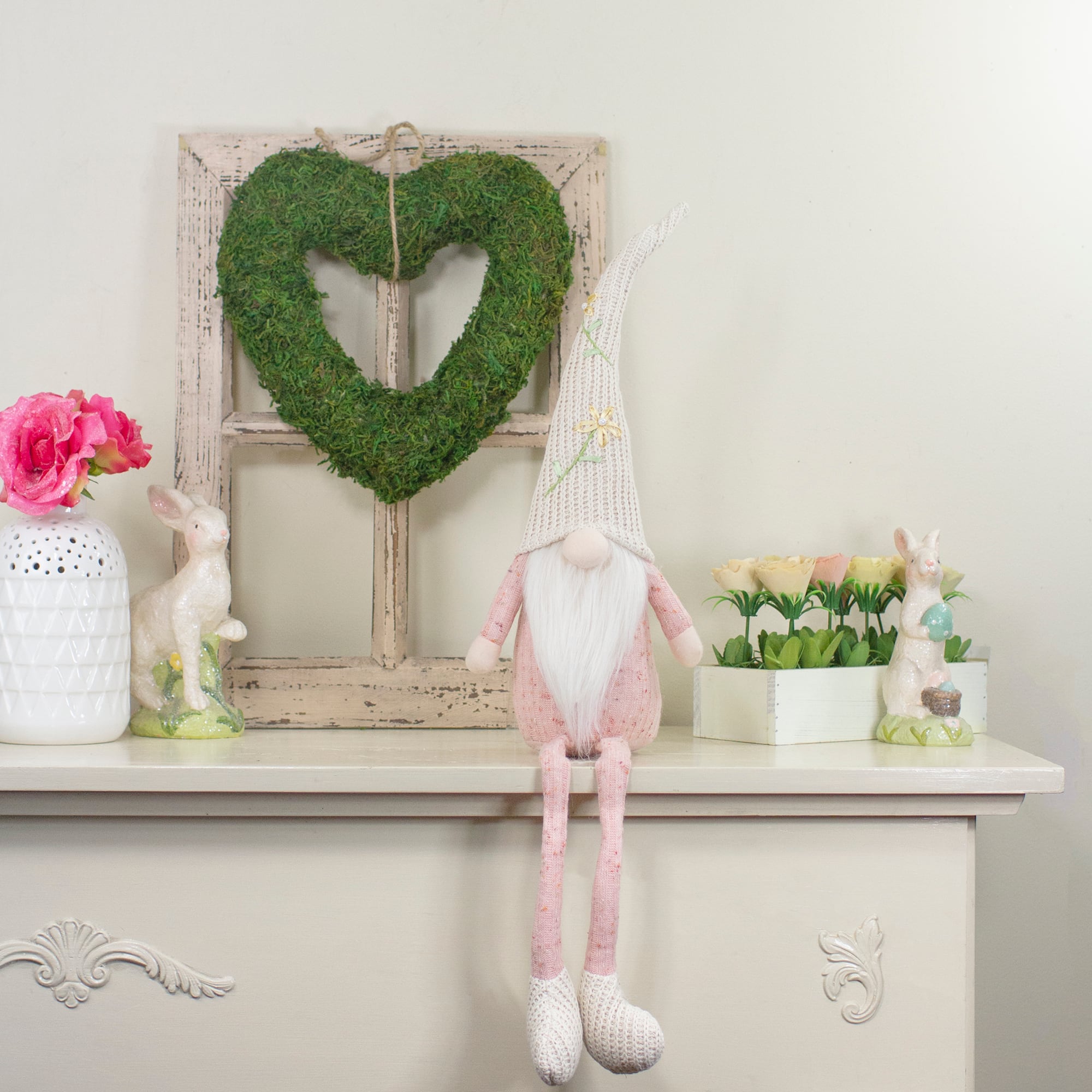 29" Pink & Cream Sitting Gnome with Knitted Hat Figure