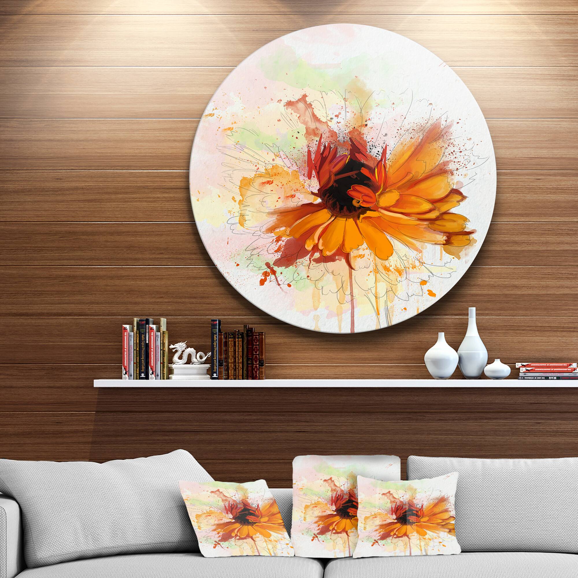 Designart - Sunflower Drawing with Paint Splashes&#x27; Floral Metal Round Wall Decor