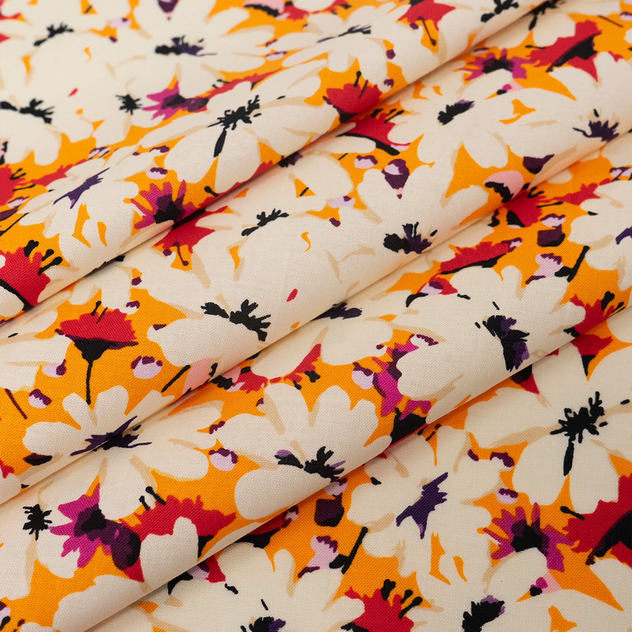 SINGER White Flowers on Orange Cotton Fabric