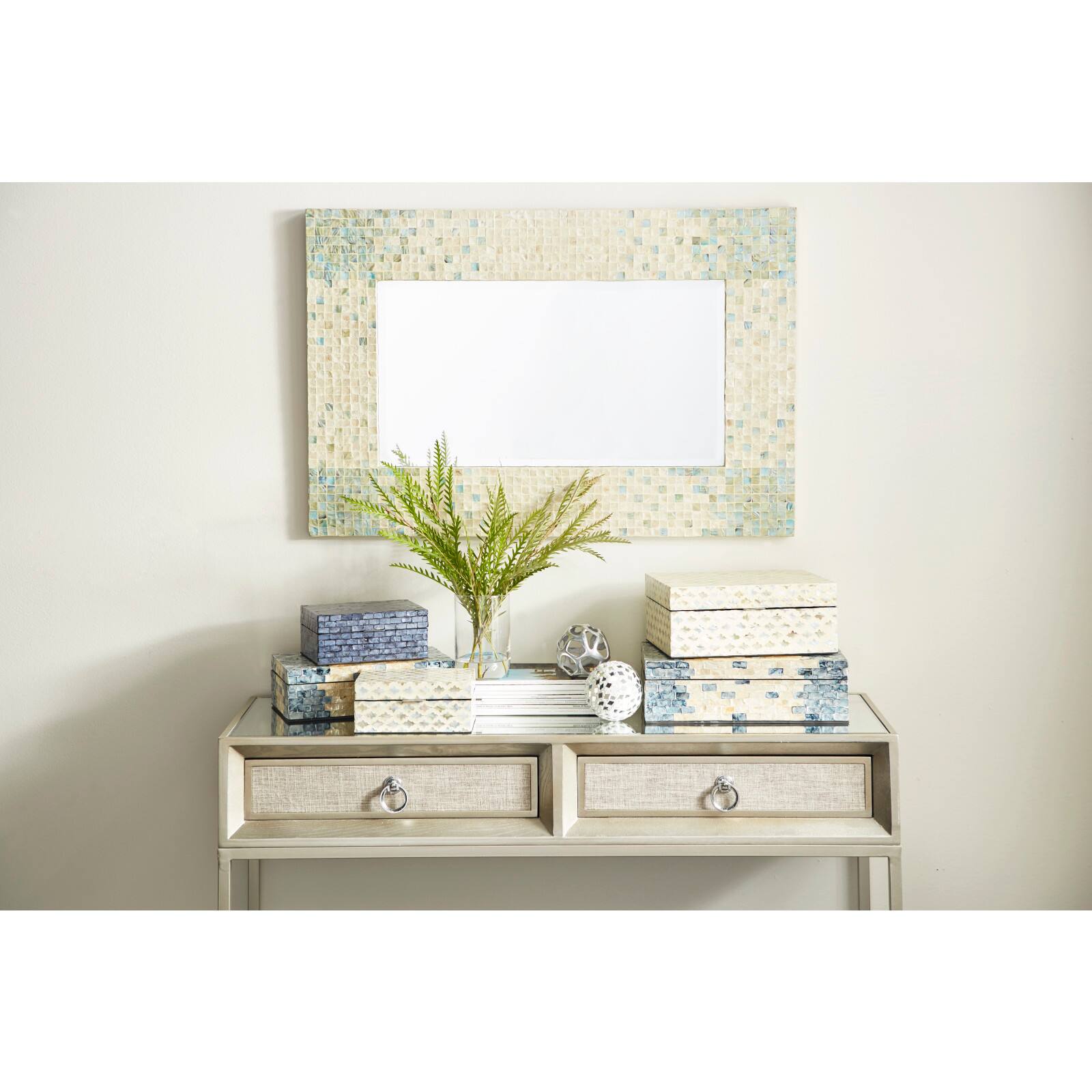 36" Cream & Aqua Coastal Mother Of Pearl Wall Mirror