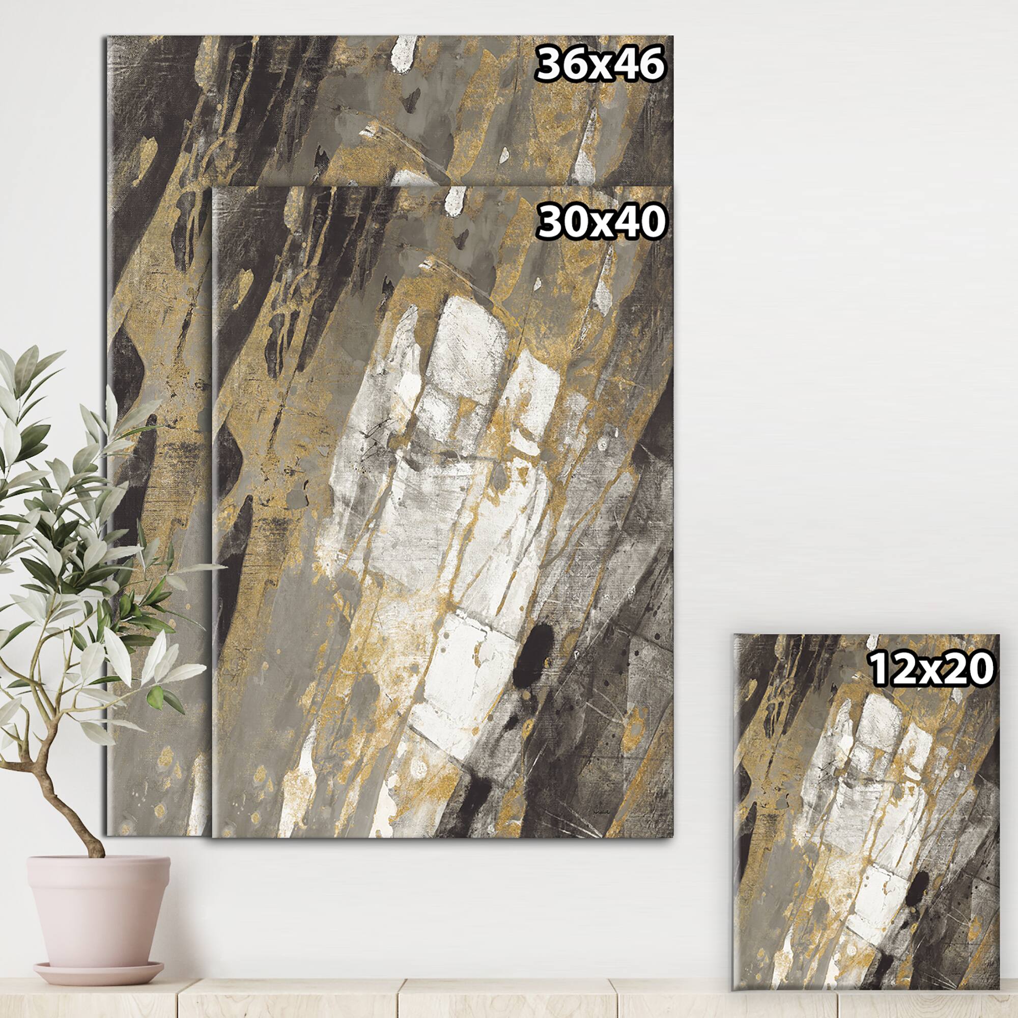 Designart - Gold, Black and White Hanpainted Abstract - Traditional Canvas Artwork