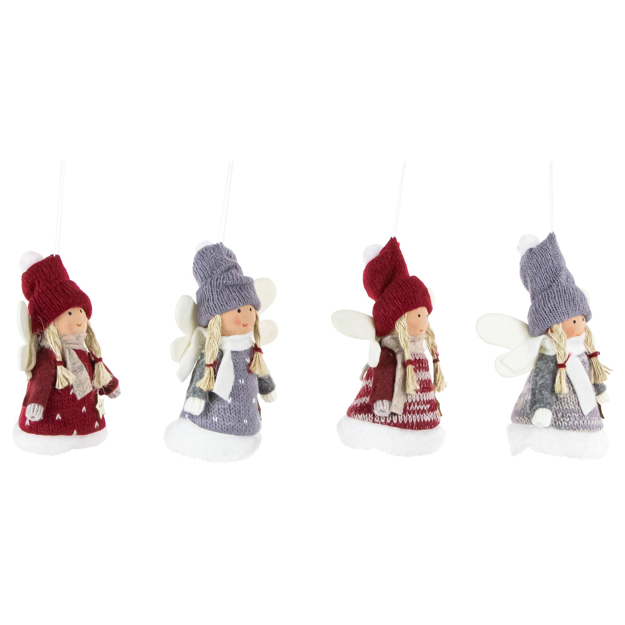 4ct. Red & Gray Plush Angel Christmas Ornaments